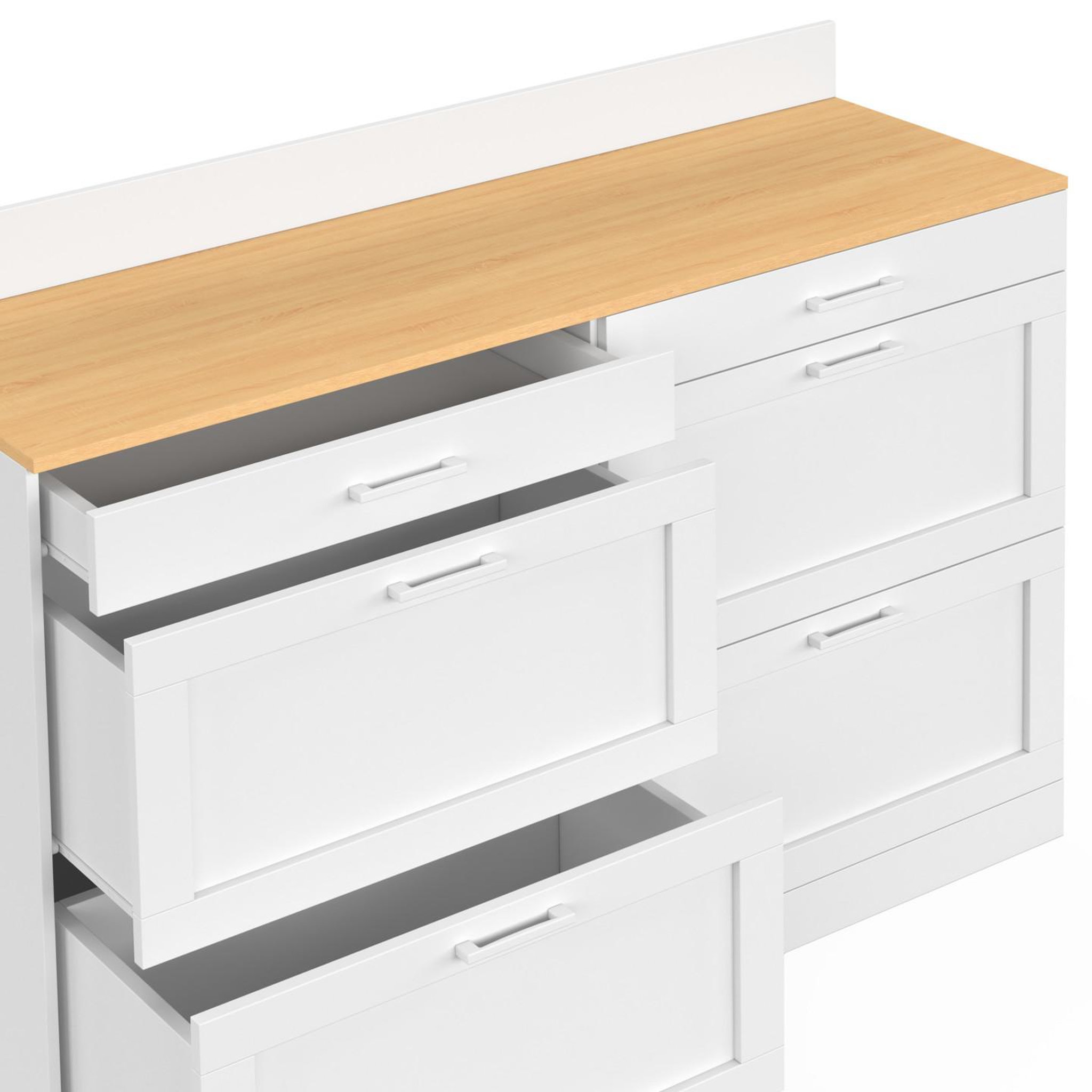 Voir la diapositive 6 : ID MARKET Buffet bas de cuisine 120 cm casserolier vito plan de travail h.83 cm 6 tiroirs blanc et plateau façon hêtre