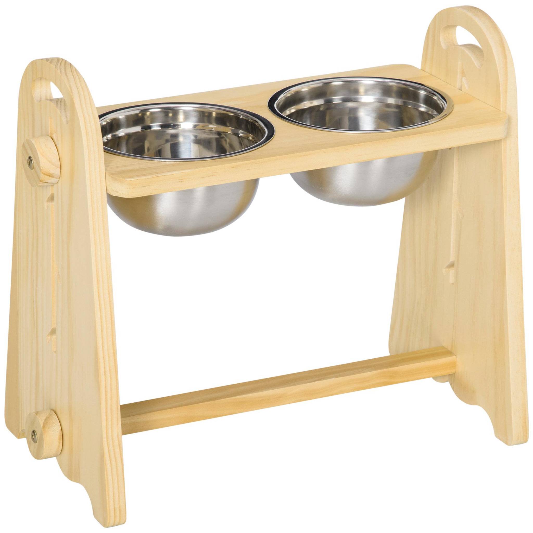 Voir la diapositive 1 : PAWHUT Gamelle double chien chat - porte-gamelles surélevé - hauteur, inclinaison réglables - 2 gamelles acier inox. incluses bois pin