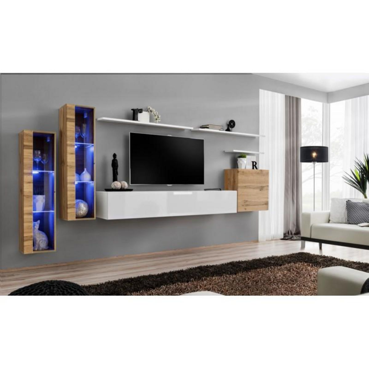 Paris Prix Meuble TV Mural Design  Switch XI  330cm Naturel & Blanc