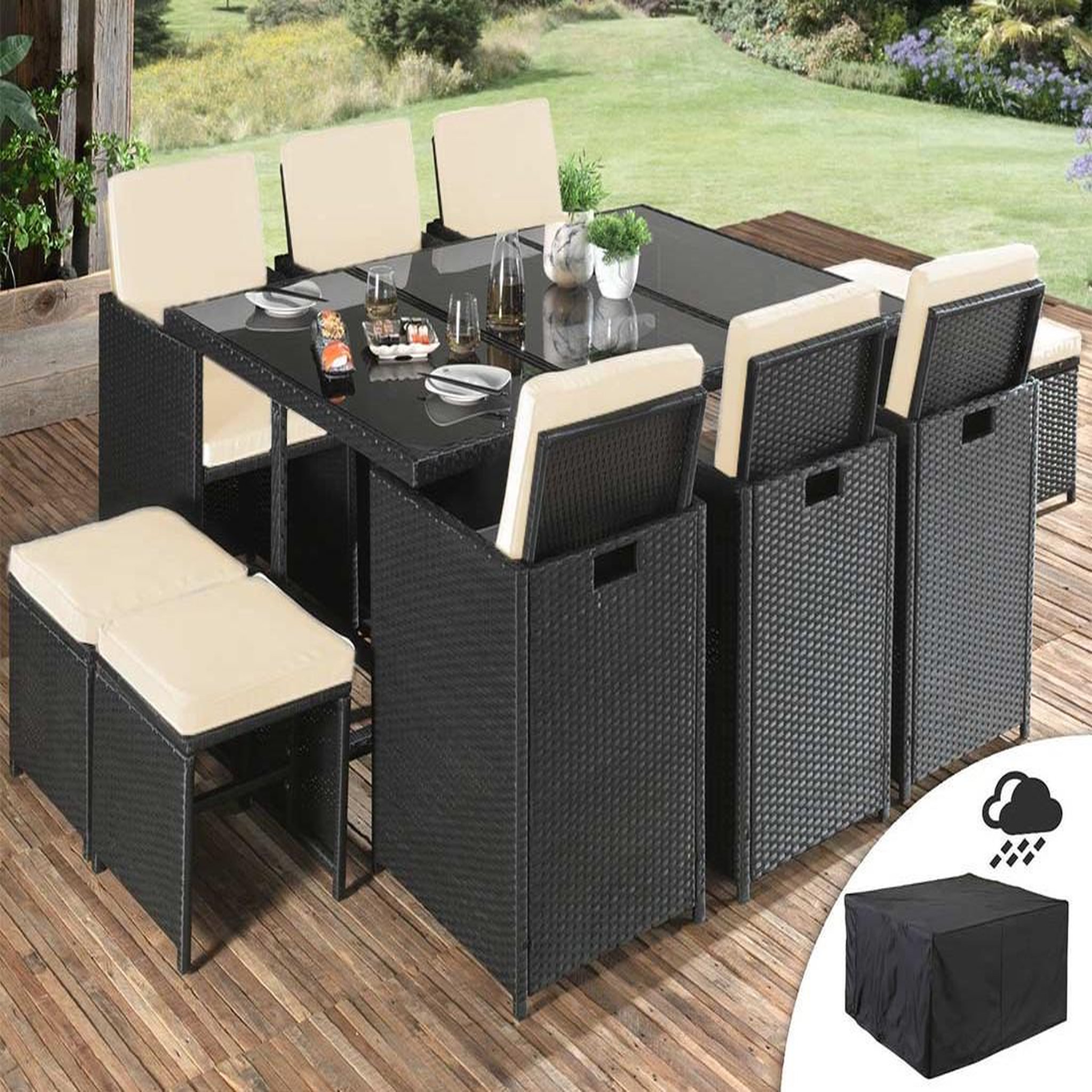 Voir la diapositive 1 : BEST MOBILIER Fira - salon de jardin encastrable 10 places - en résine tressée - noir avec coussins beiges + housse de protection