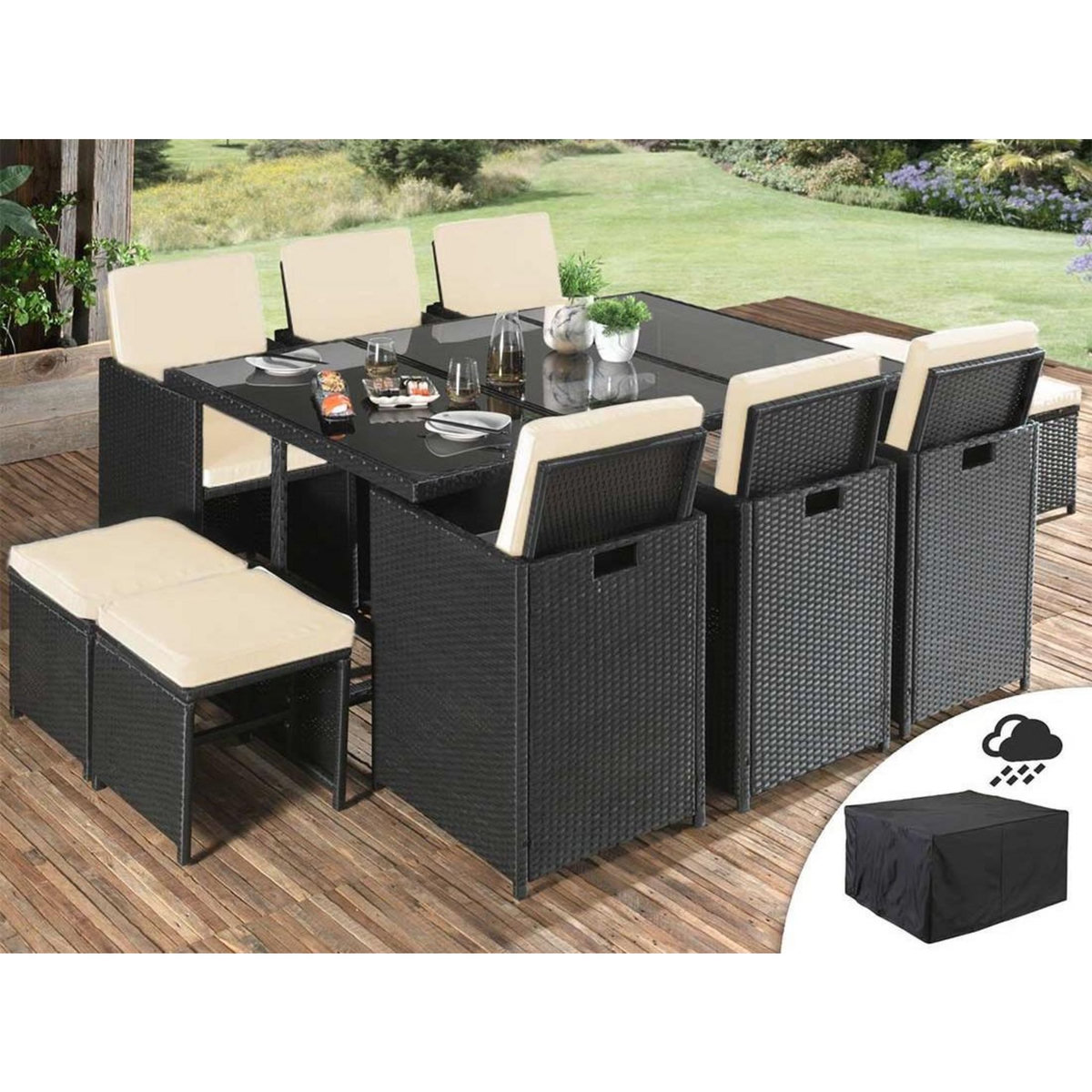 BEST MOBILIER Fira - salon de jardin encastrable 10 places - en résine tressée - noir avec coussins beiges + housse de protection
