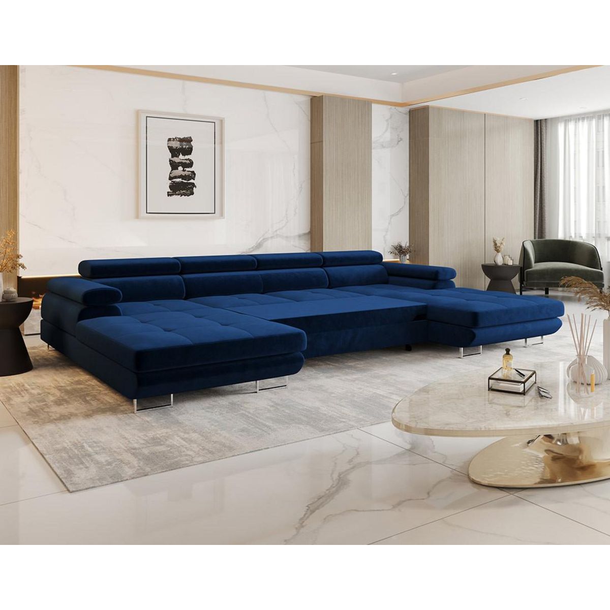 BEST MOBILIER Ayden - canapé panoramique en u 7 places convertible avec coffre et têtières réglables en tissu