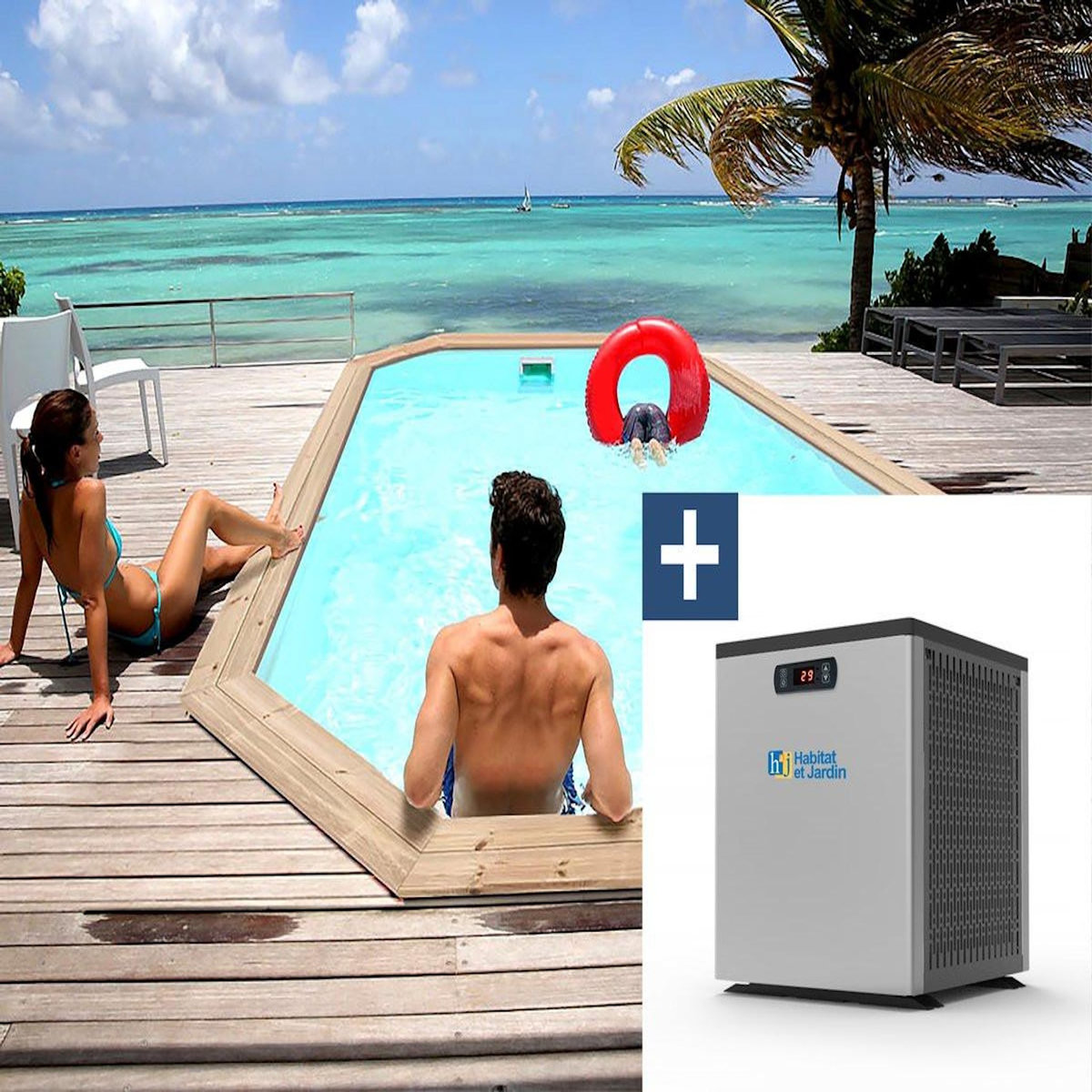 Habitat et Jardin Piscine bois   Cordoue   - 3.48 x 2.15 x 1.18 m + Pompe à chaleur  3.5 kw/h - Hayward -  Micro  - Noir
