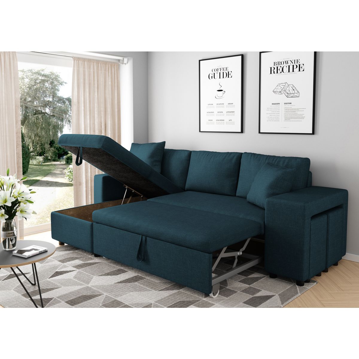 Canapé d'angle réversible convertible avec coffre + 2 poufs avec niche fixe à droite ANETTA