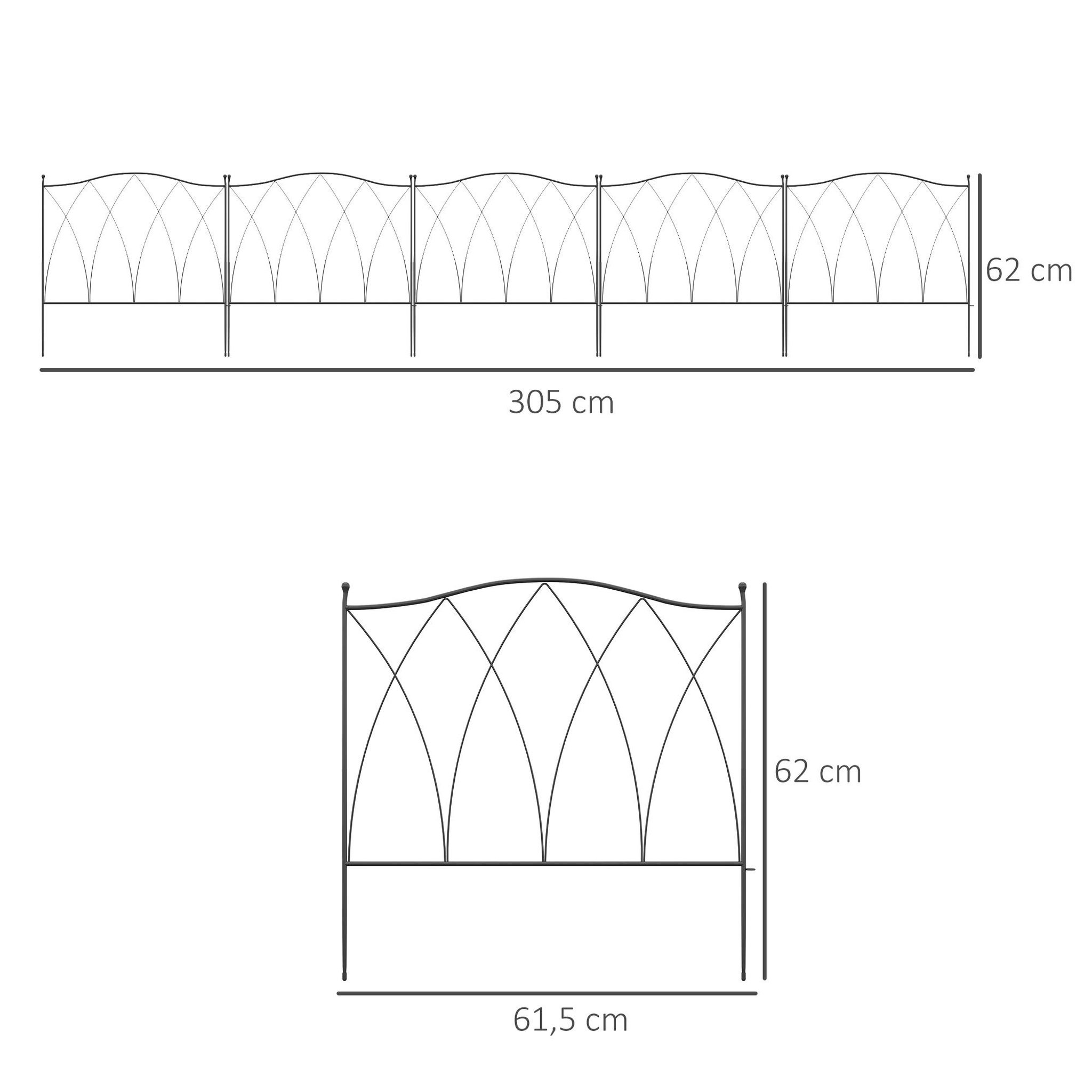 Voir la diapositive 3 : OUTSUNNY Lot de 5 clôtures de jardin décoratives en métal avec ornements - dim. totales 305L x 62H cm - noir
