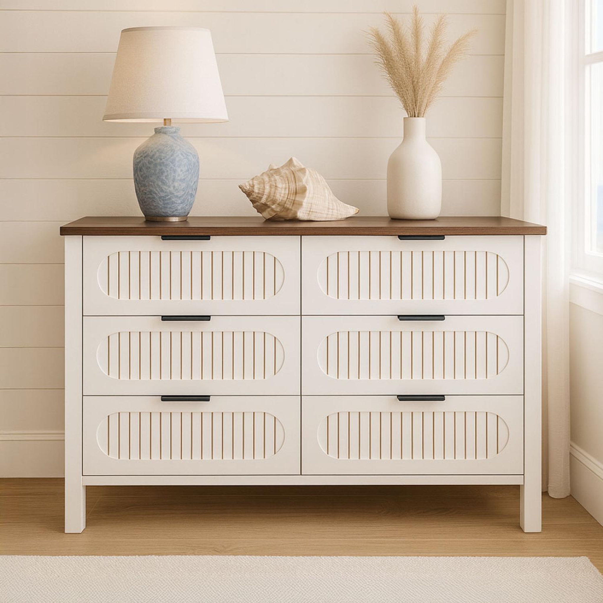 Voir la diapositive 2 : CONCEPT USINE Commode 6 tiroirs blanc rainuré et bois 120cm brix