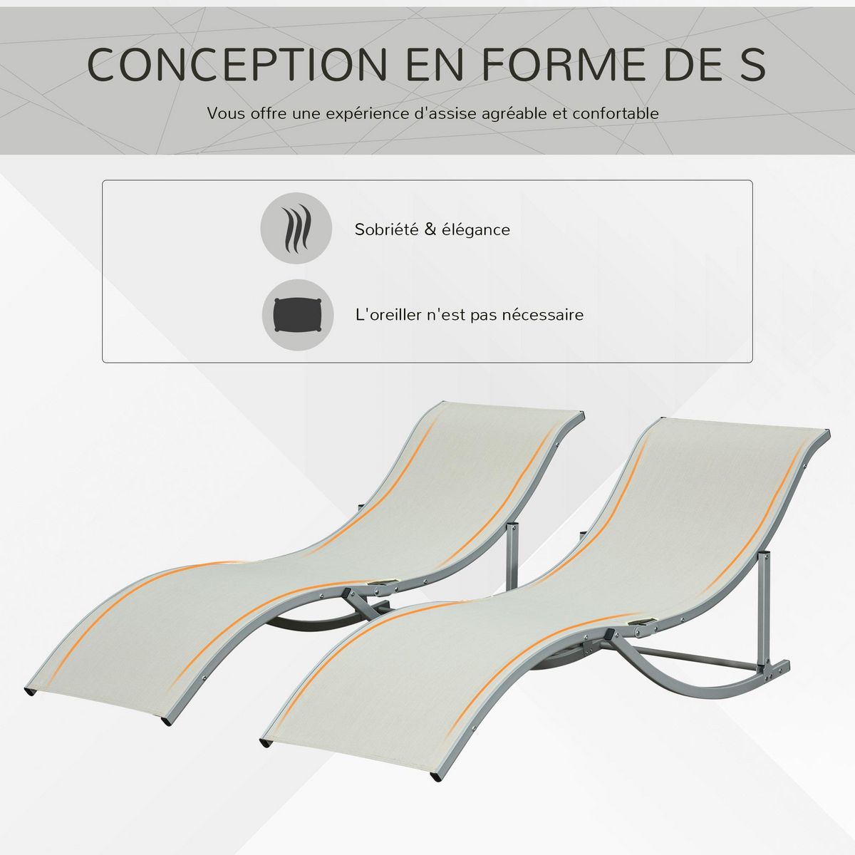 OUTSUNNY Lot de 2 bains de soleil pliables design contemporain - lot de 2 transats ergonomiques - alu. textilène beige