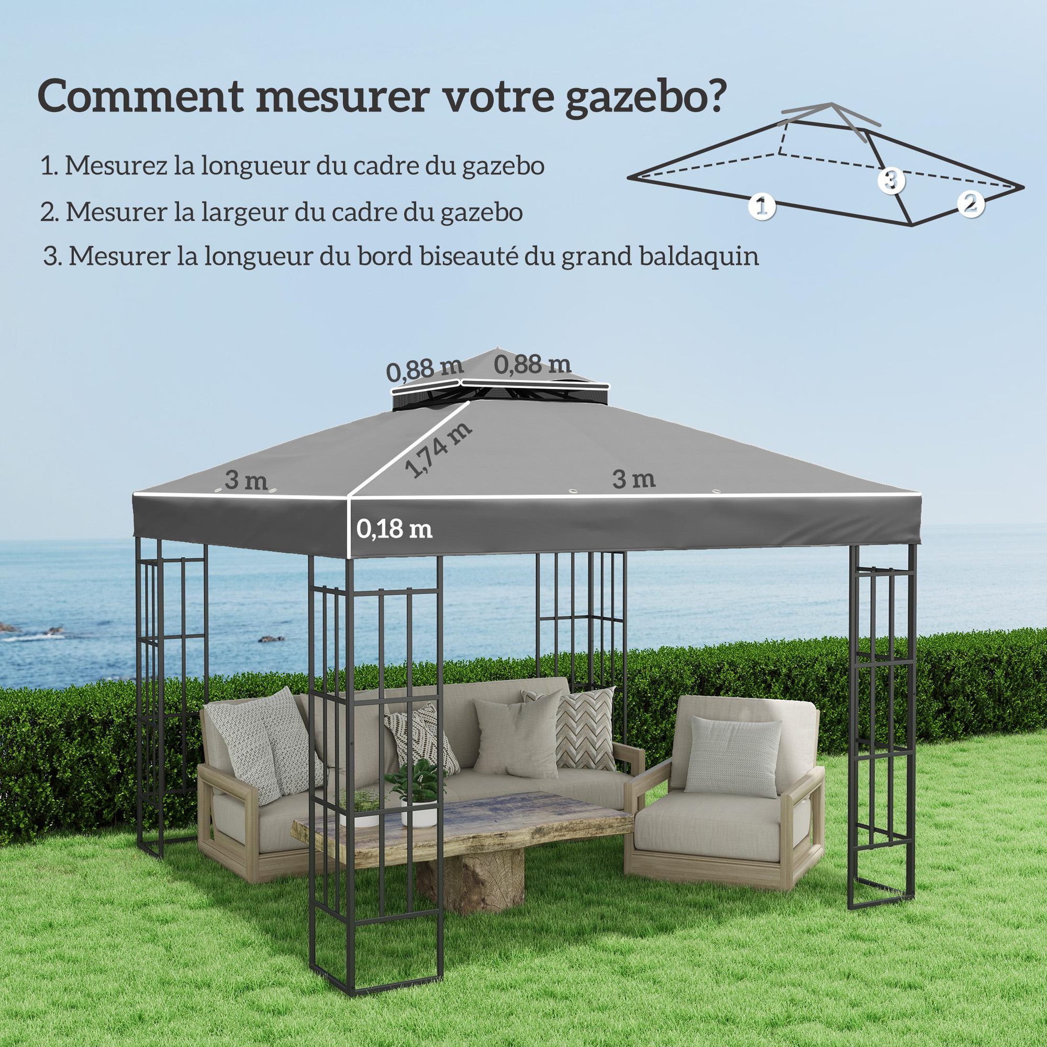 Voir la diapositive 3 : OUTSUNNY Toile de rechange barnum tonnelle 3 x 3 m - toit double avec œillets drainage - polyester haute densité 370 g/m² gris