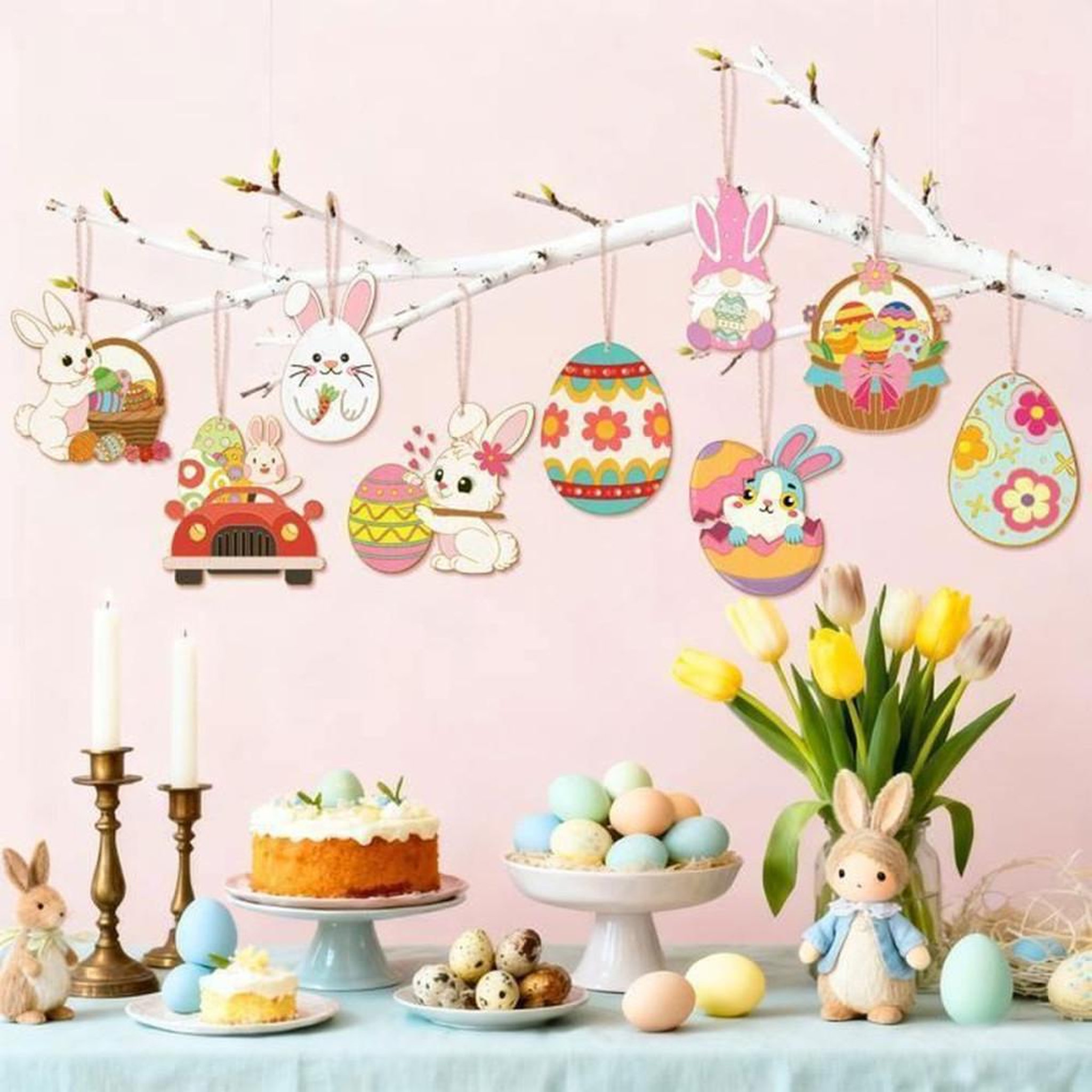 Voir la diapositive 3 : Ornements de Pâques DIY en bois à colorier, lot 49 pièces avec 12 marqueurs et ficelle