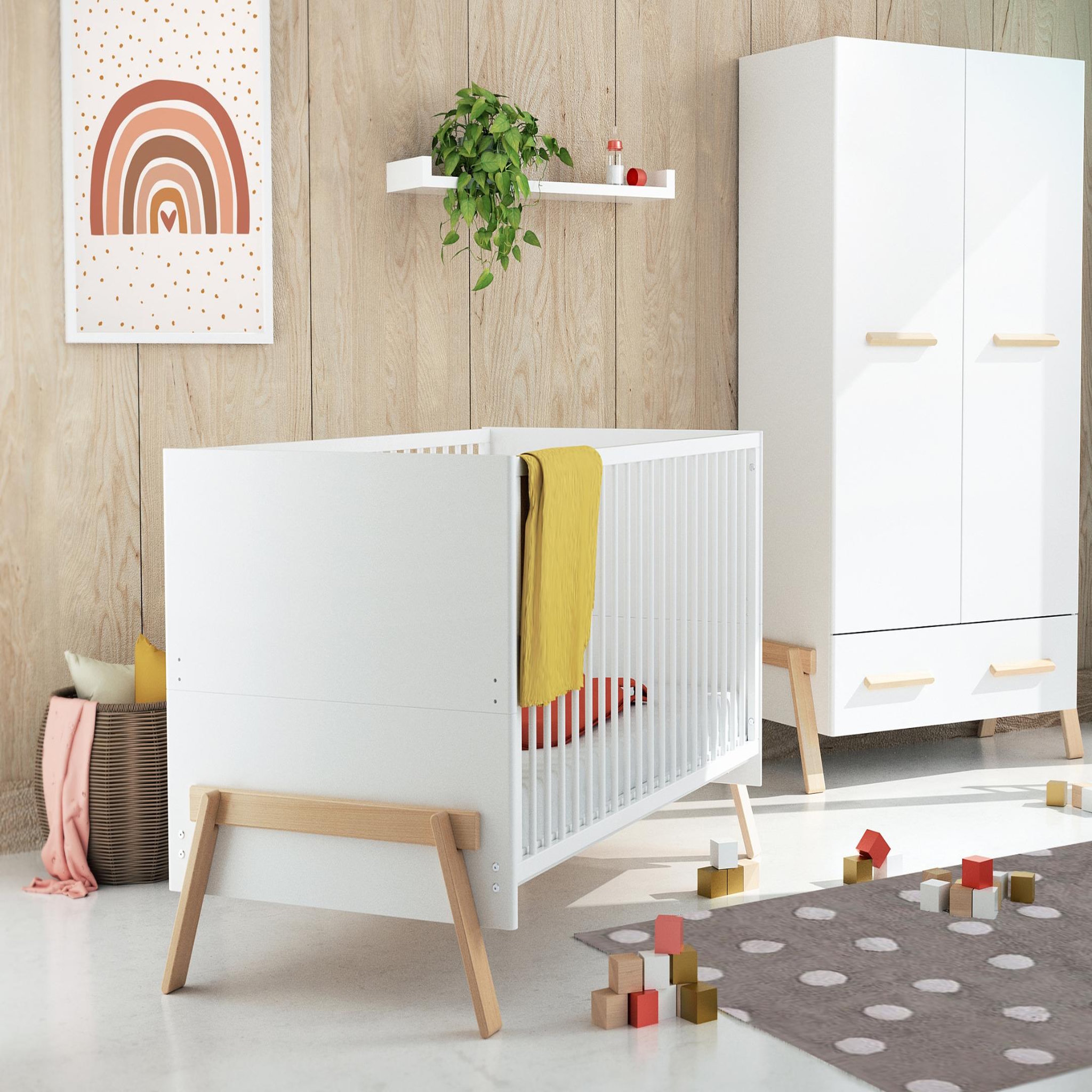 Voir la diapositive 2 : AT4 Lit bébé évolutif en bois canaille blanc et hêtre verni 70 x 140 cm