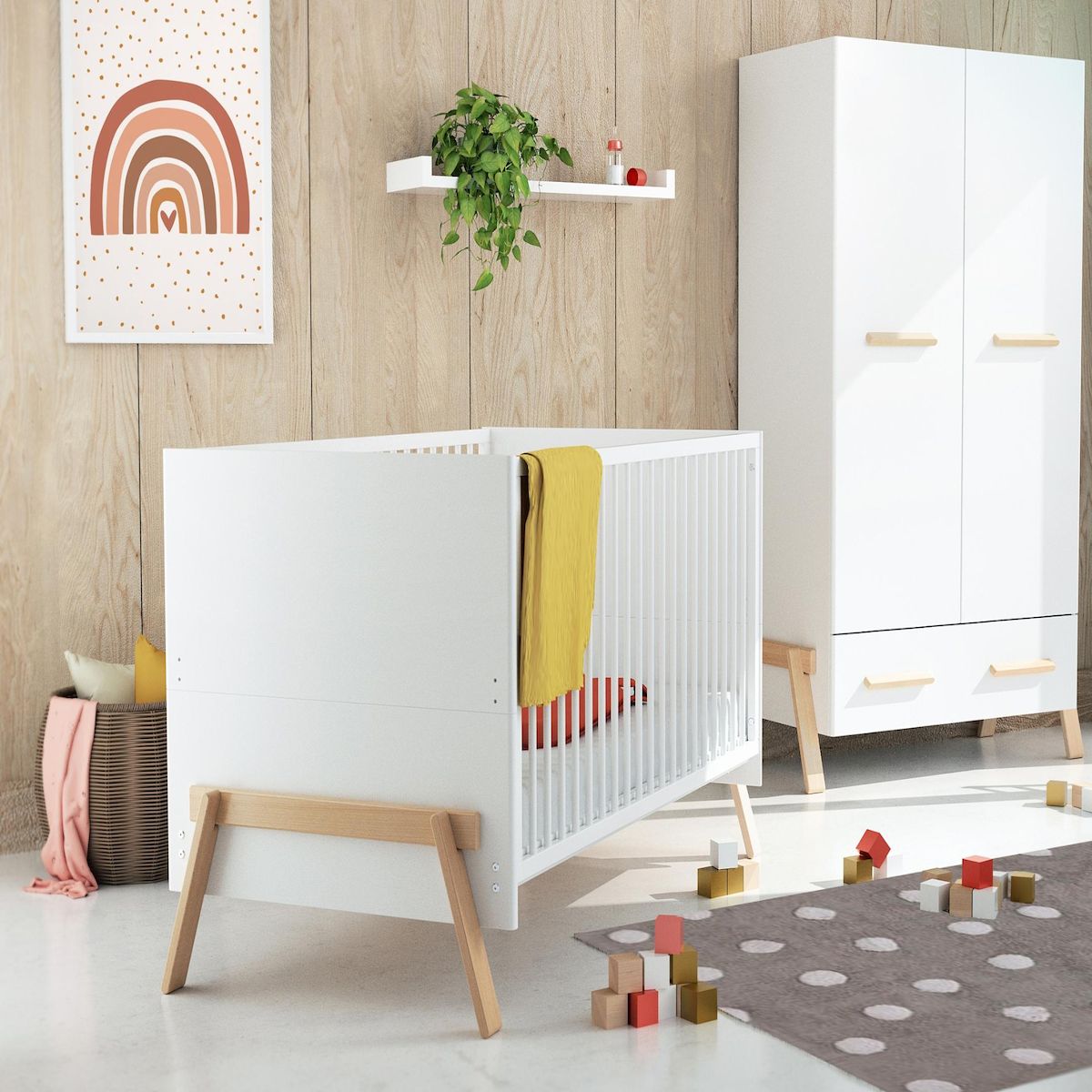 AT4 Lit bébé évolutif en bois CANAILLE Blanc et Hêtre Verni 70 x 140 cm