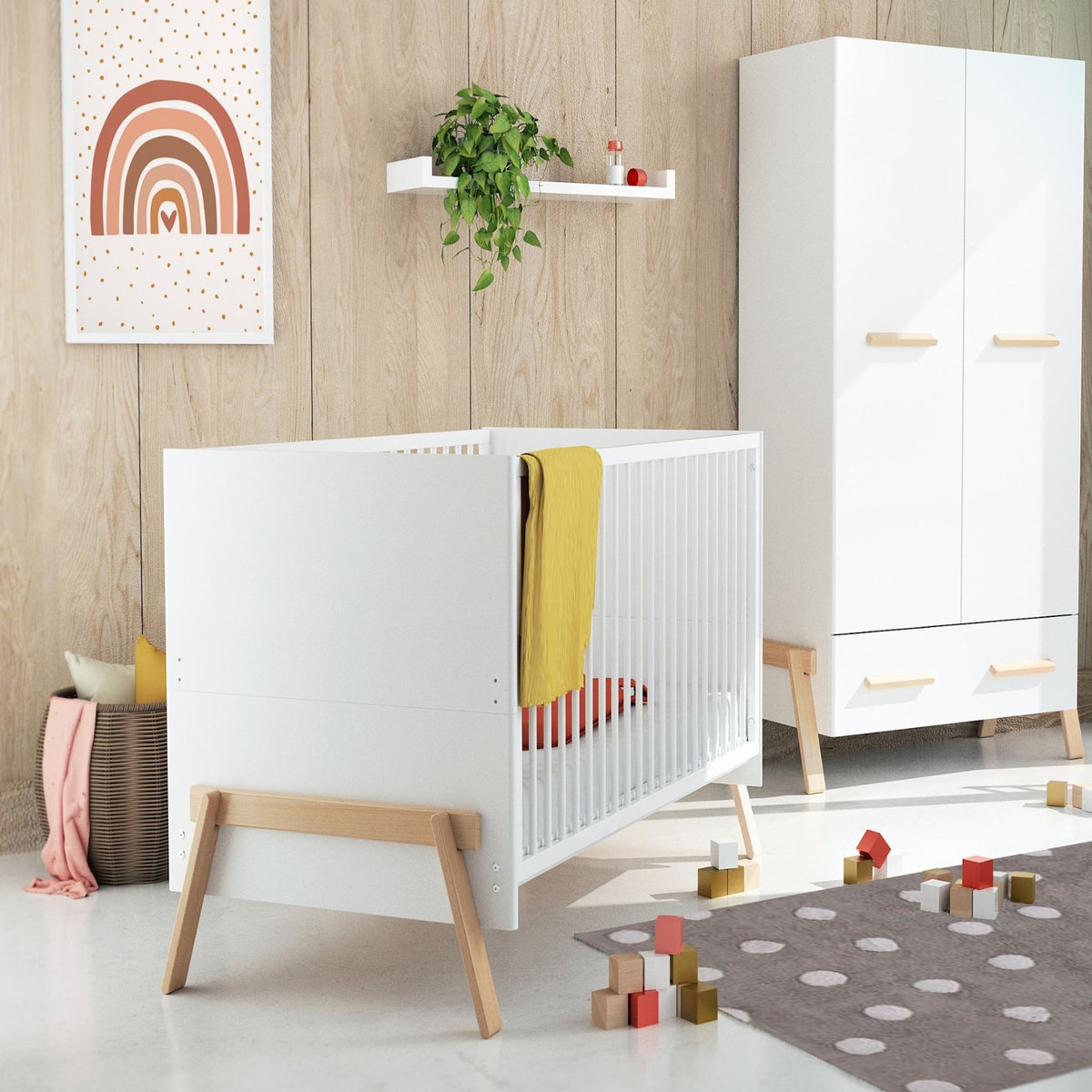 AT4 Lit bébé évolutif en bois CANAILLE Blanc et Hêtre Verni 70 x 140 cm