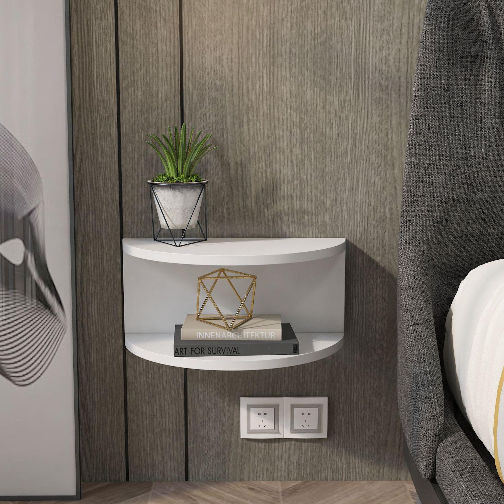 Voir la diapositive 2 : TOILINUX Table de chevet suspendue forme demi lune CAMELIA - Blanc