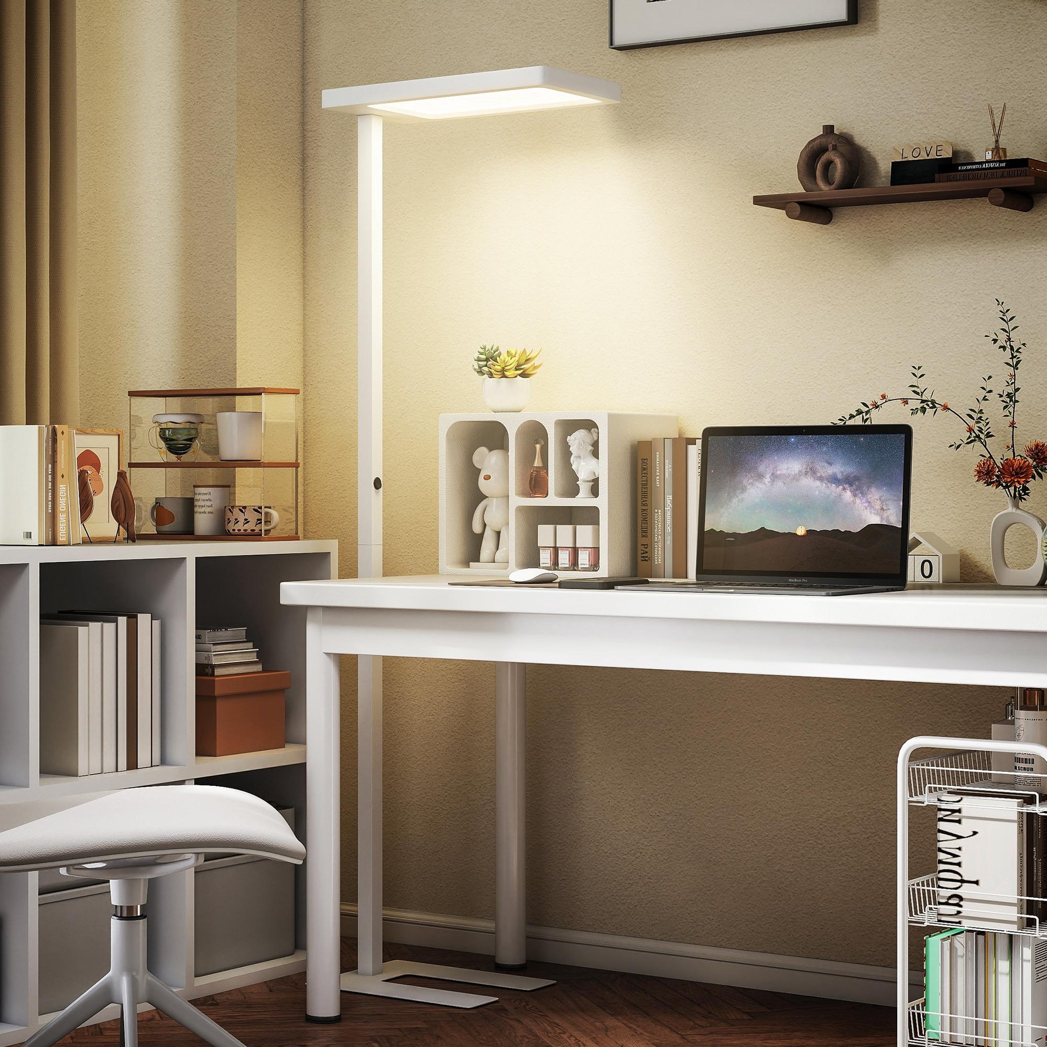 Voir la diapositive 2 : HOMCOM Lampadaire led dimmable sur pied de bureau 1560lm 40w h.196cm spectre complet réglable télécommande blanc