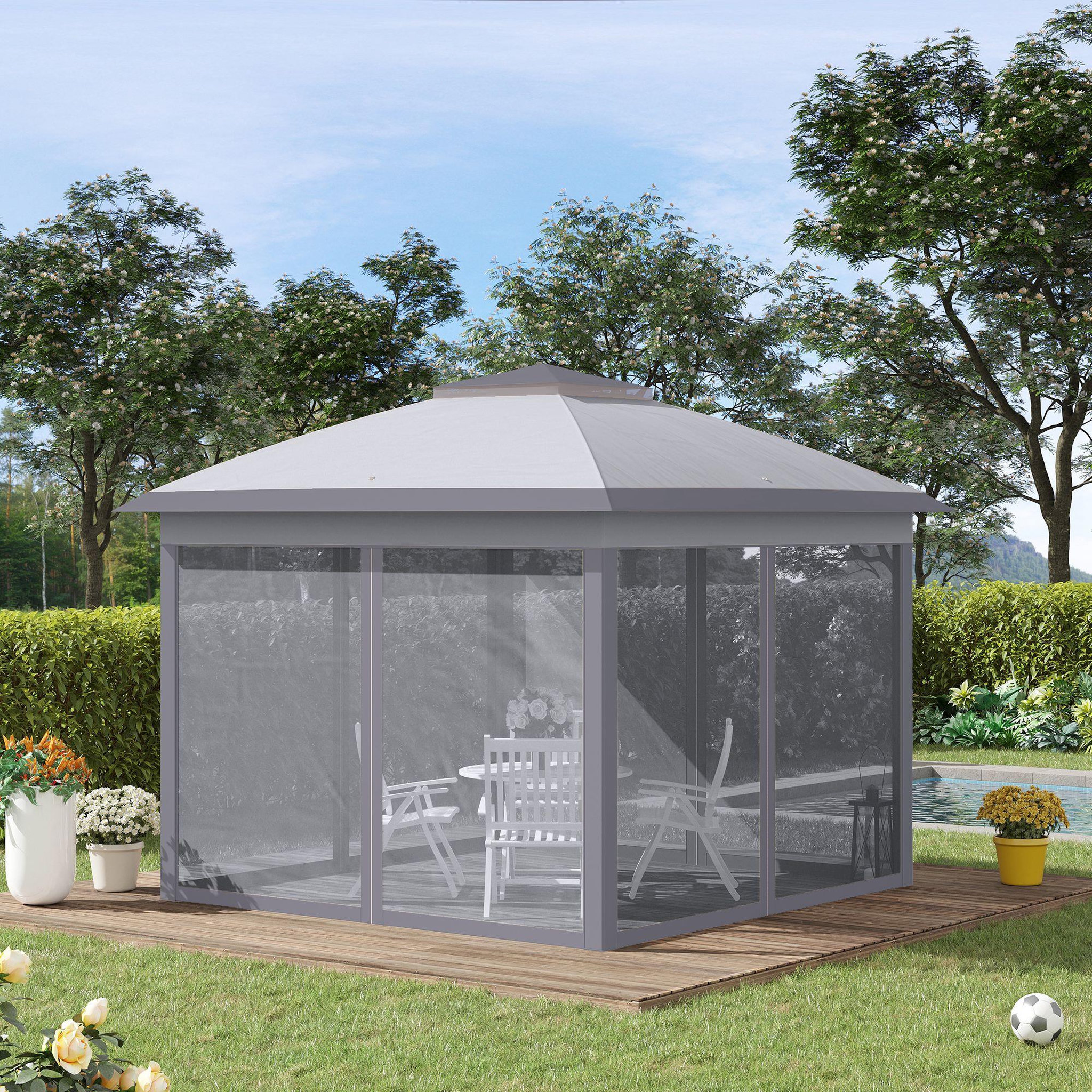 Voir la diapositive 2 : OUTSUNNY Tonnelle barnum automatique pop-up dim. 3,3L x 3,3l x 2,88H m moustiquaires sac transport métal oxford gris