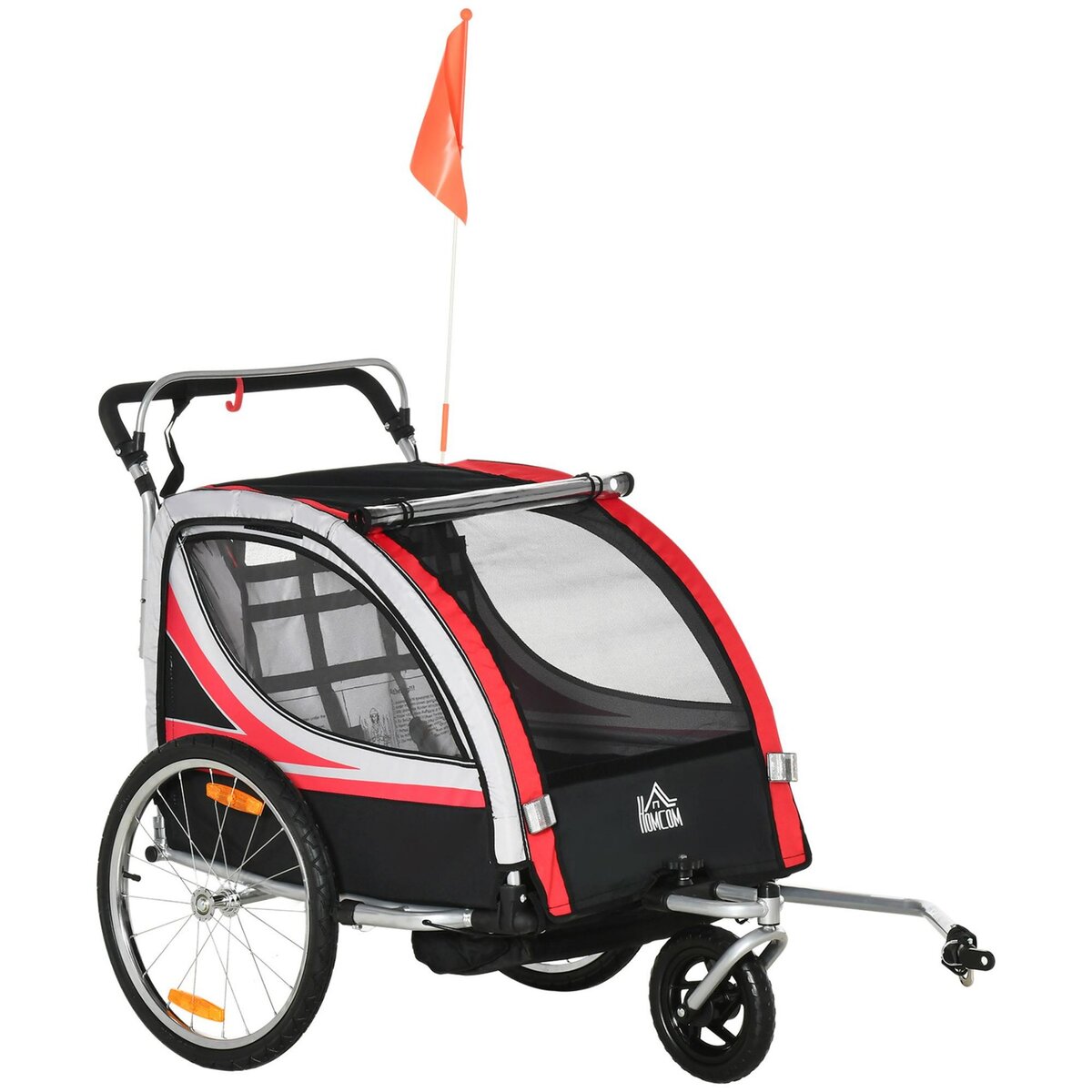 HOMCOM Remorque vélo jogger 2 en 1 pour enfant drapeau roue avant pivotante  réflecteurs et barre d'attelage inclus rouge noir pas cher 