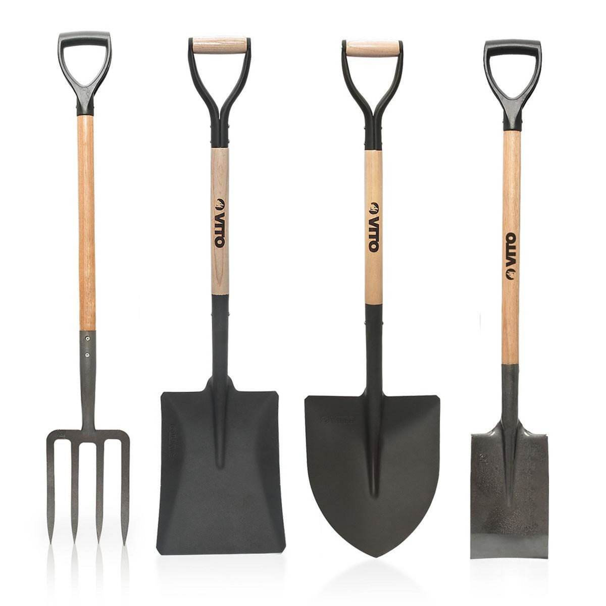 VITO Pack 4 outils de jardin Acier Manche en Bois Fourche + Pelle carrée + Pelle ronde + Bêche VITO