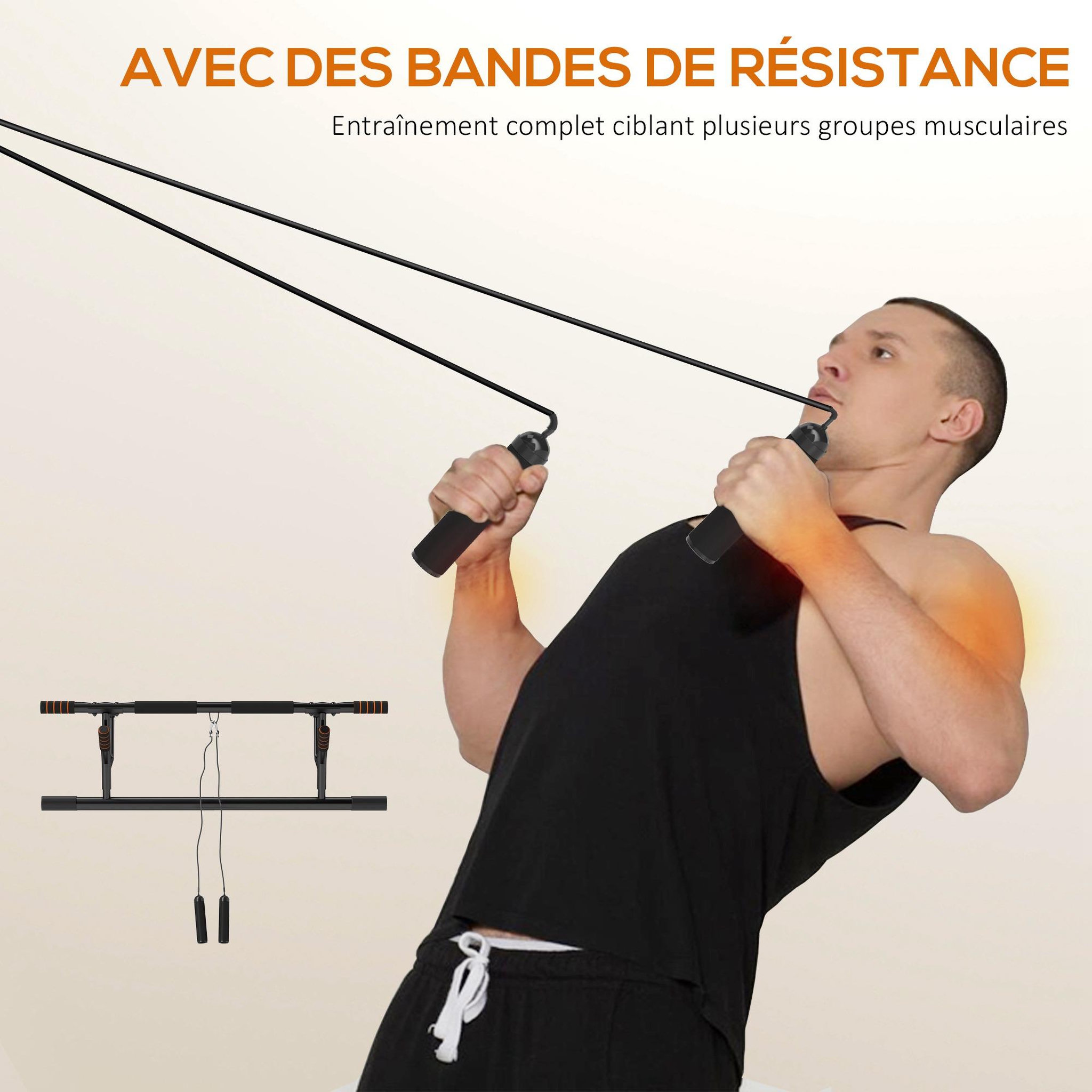 Voir la diapositive 6 : HOMCOM Barre de traction porte 2 bandes de résistance incluses max. 150 kg acier orange noir