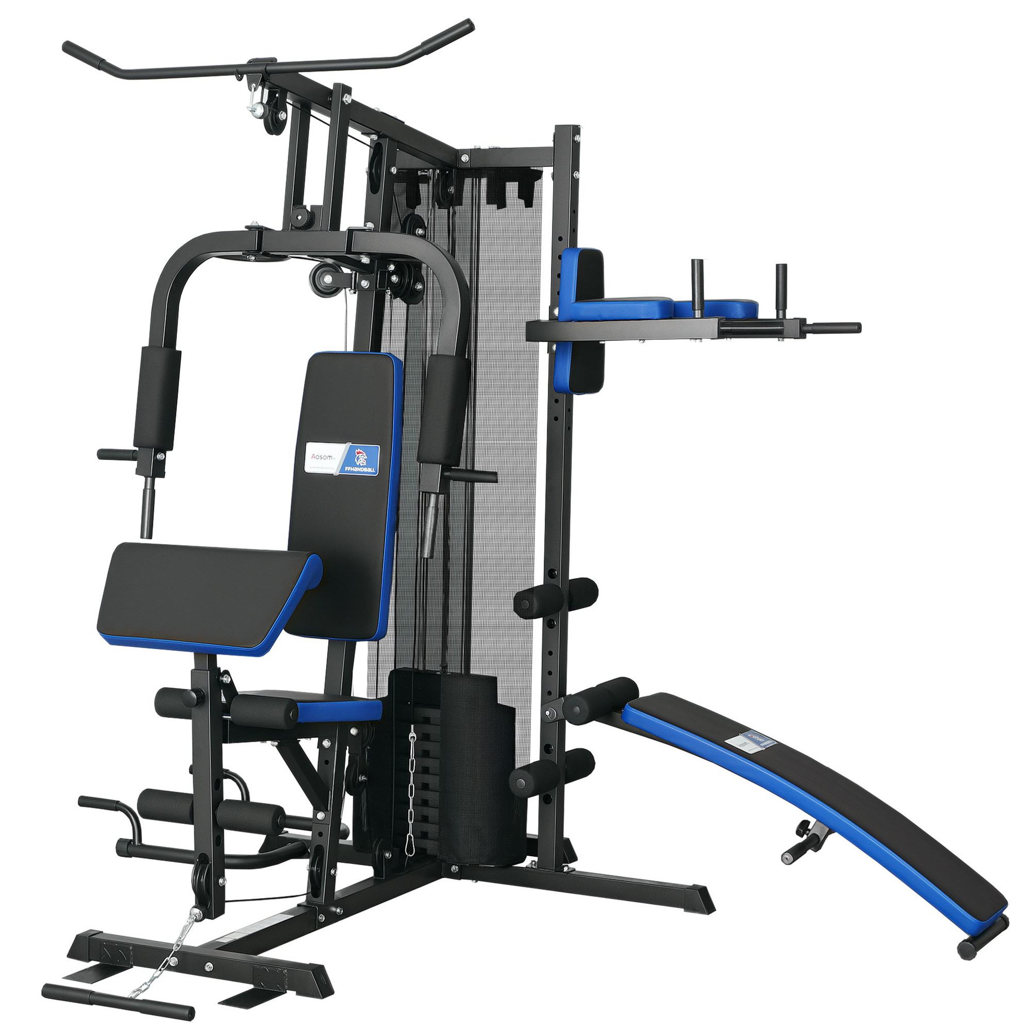 HOMCOM Station de musculation multi-équipement - collaboration aosom.fr x ffhandball - 10 contrepoids - bleu