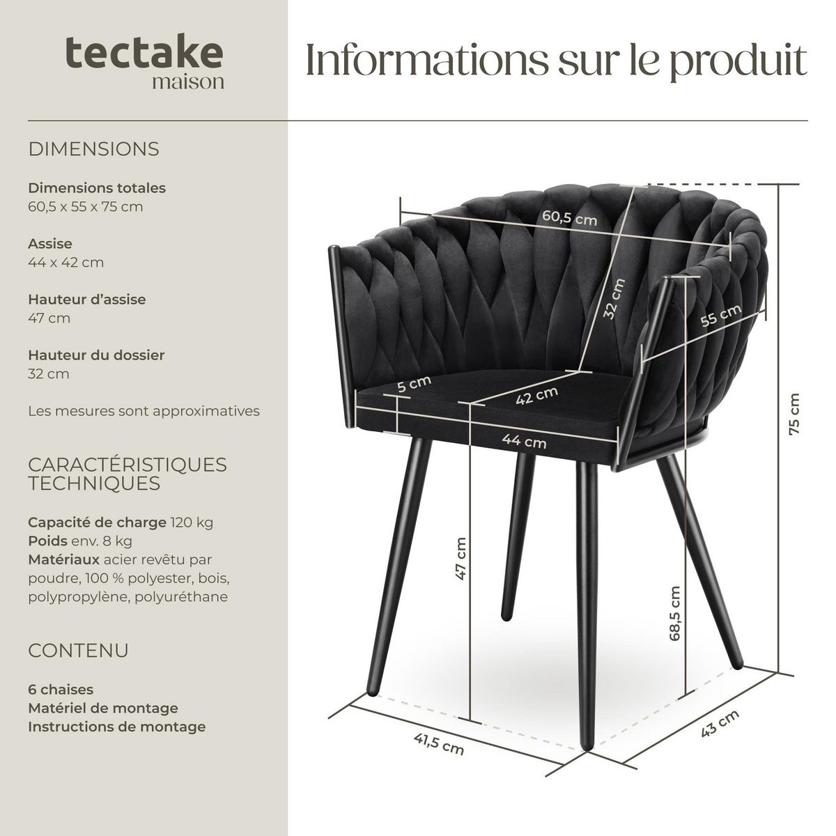 tectake Lot de chaises de salle à manger rembourrée avec revêtement en velours et design noué noir Lot de 6