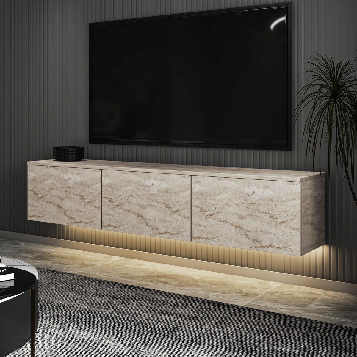 Habitat et Jardin Meuble TV suspendu en bois avec éclairage LED  Neon illuminated  - 160 x 32 x 35 cm - Travertin