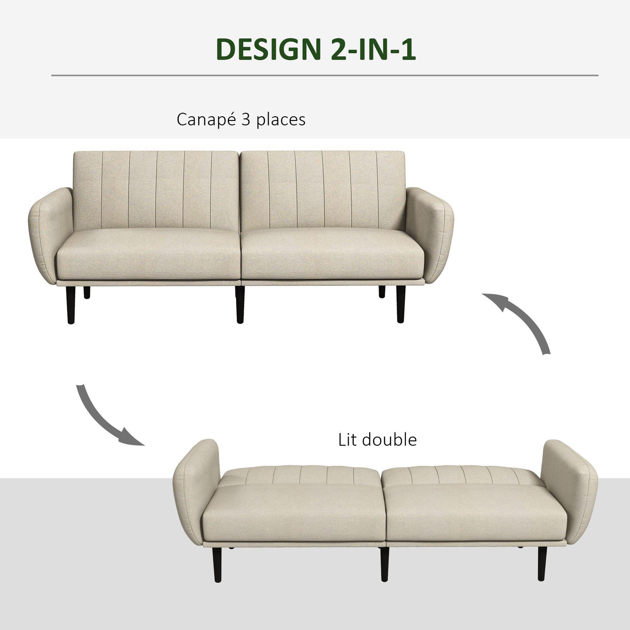 Voir la diapositive 5 : HOMCOM Canapé convertible 3 places design contemporain dossier inclinable modulable bois hévéa noir tissu grège