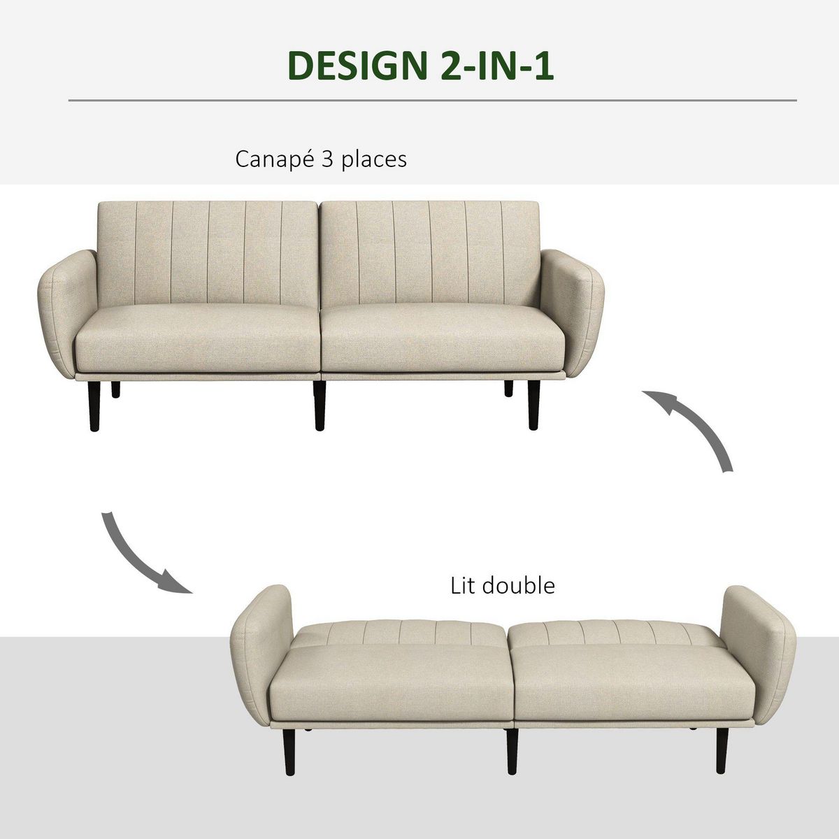 HOMCOM Canapé convertible 3 places design contemporain dossier inclinable modulable bois hévéa noir tissu grège