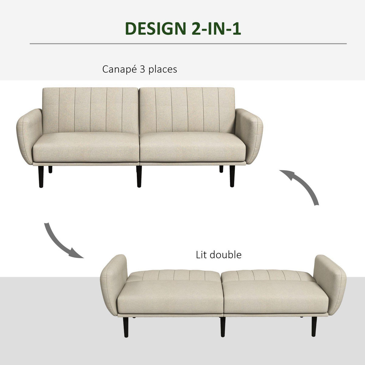 HOMCOM Canapé convertible 3 places design contemporain dossier inclinable modulable bois hévéa noir tissu grège