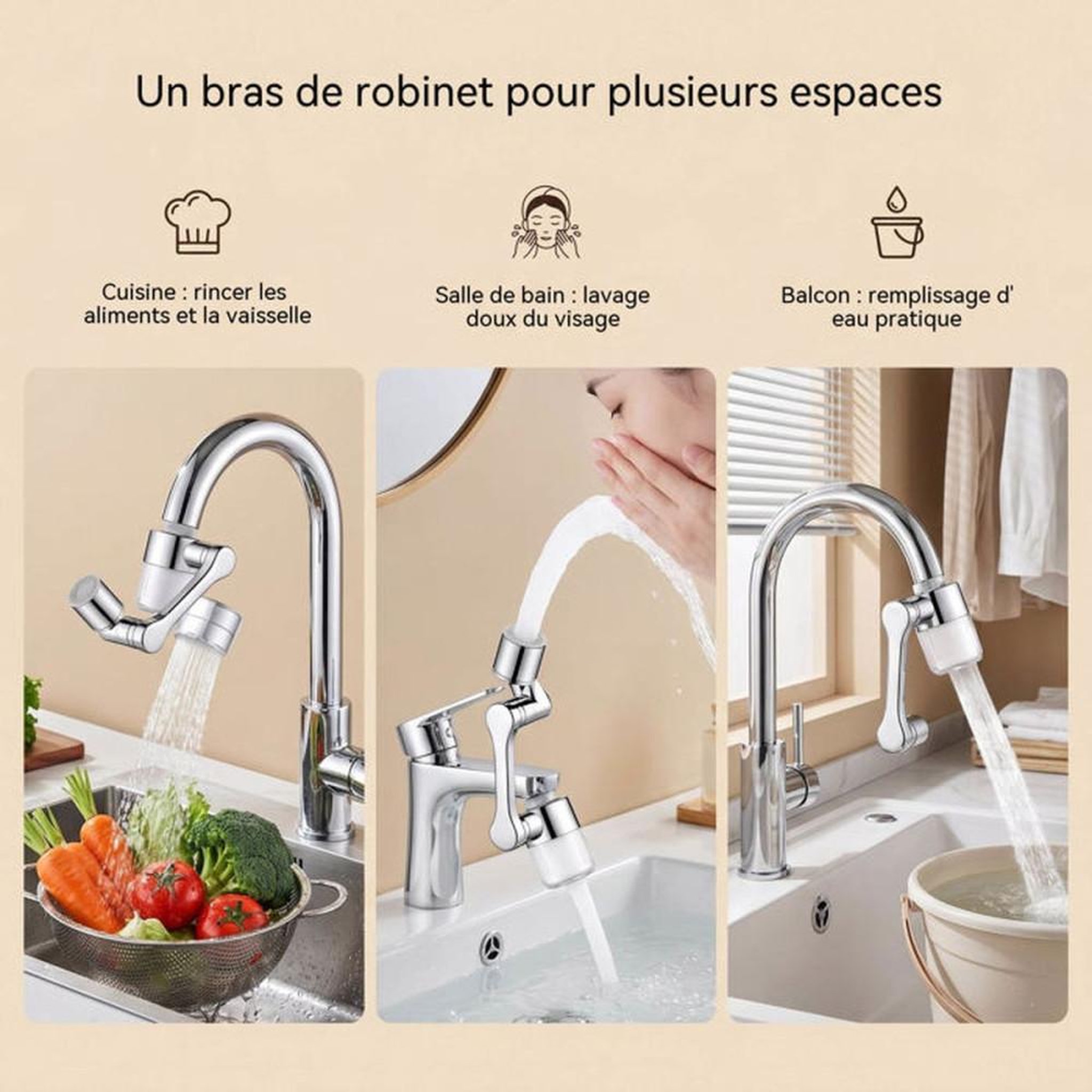 Voir la diapositive 4 : Prolongateur de bec de robinet de salle de bain avec filtre visible pivotant, métal chromé, rotation triaxiale jusqu'à 1440°, 2 modes de jet