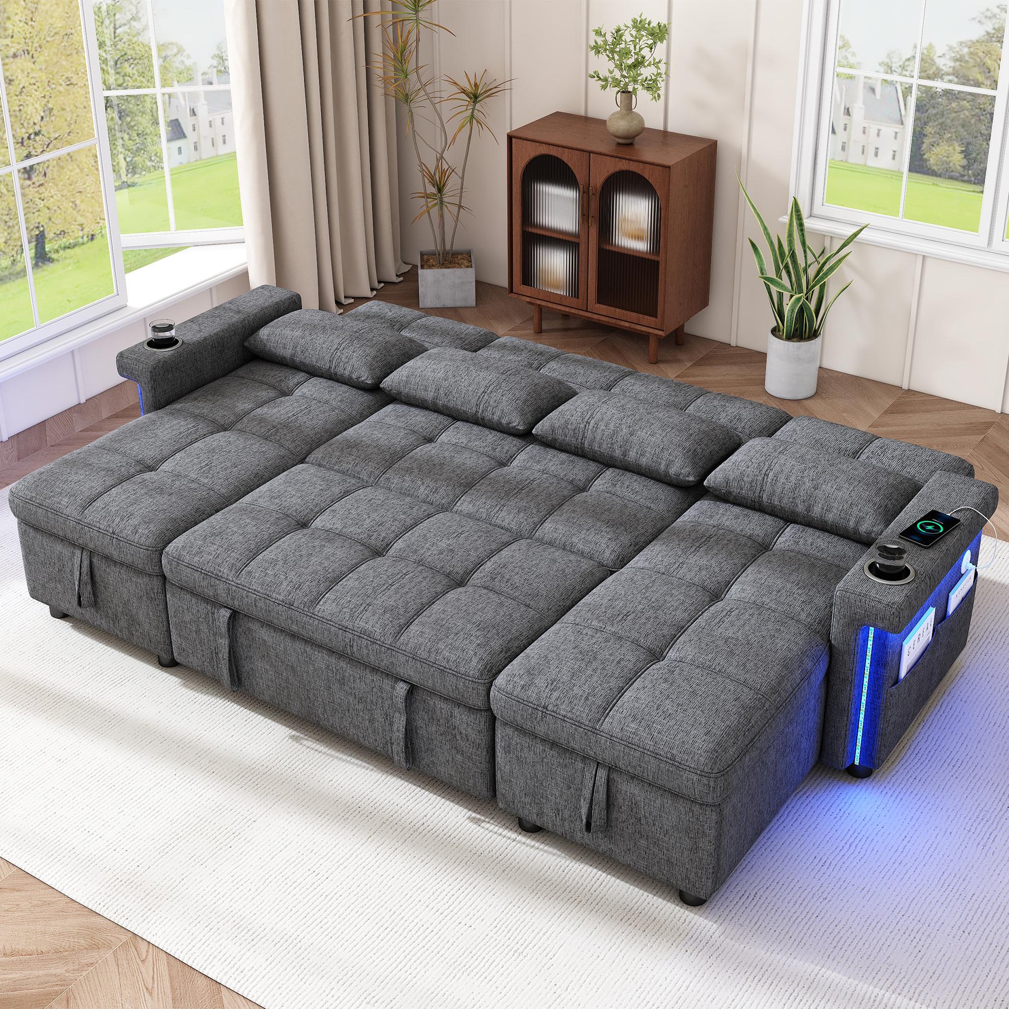 Voir la diapositive 2 : MERAX Canapé d'angle u convertible 4 places avec dossier réglable led usb type-c tissu chenille