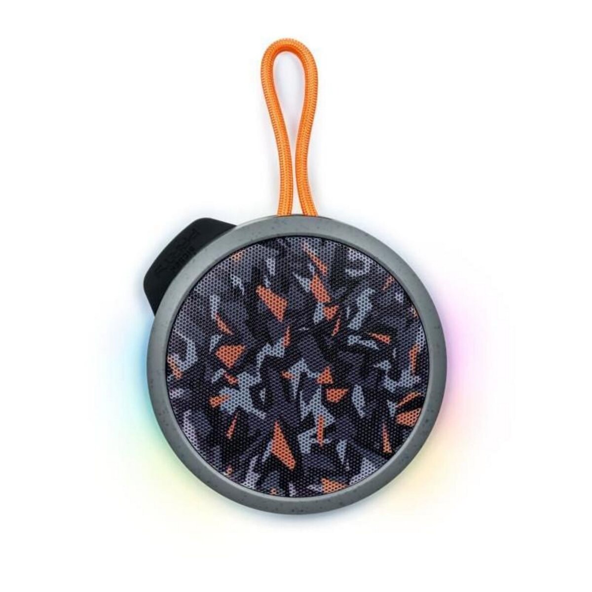 BIGBEN PARTY BIGBEN Party - Enceinte Bluetooth ronde avec dragonne et effets lumineux - 15W - Gris et orange camouflage