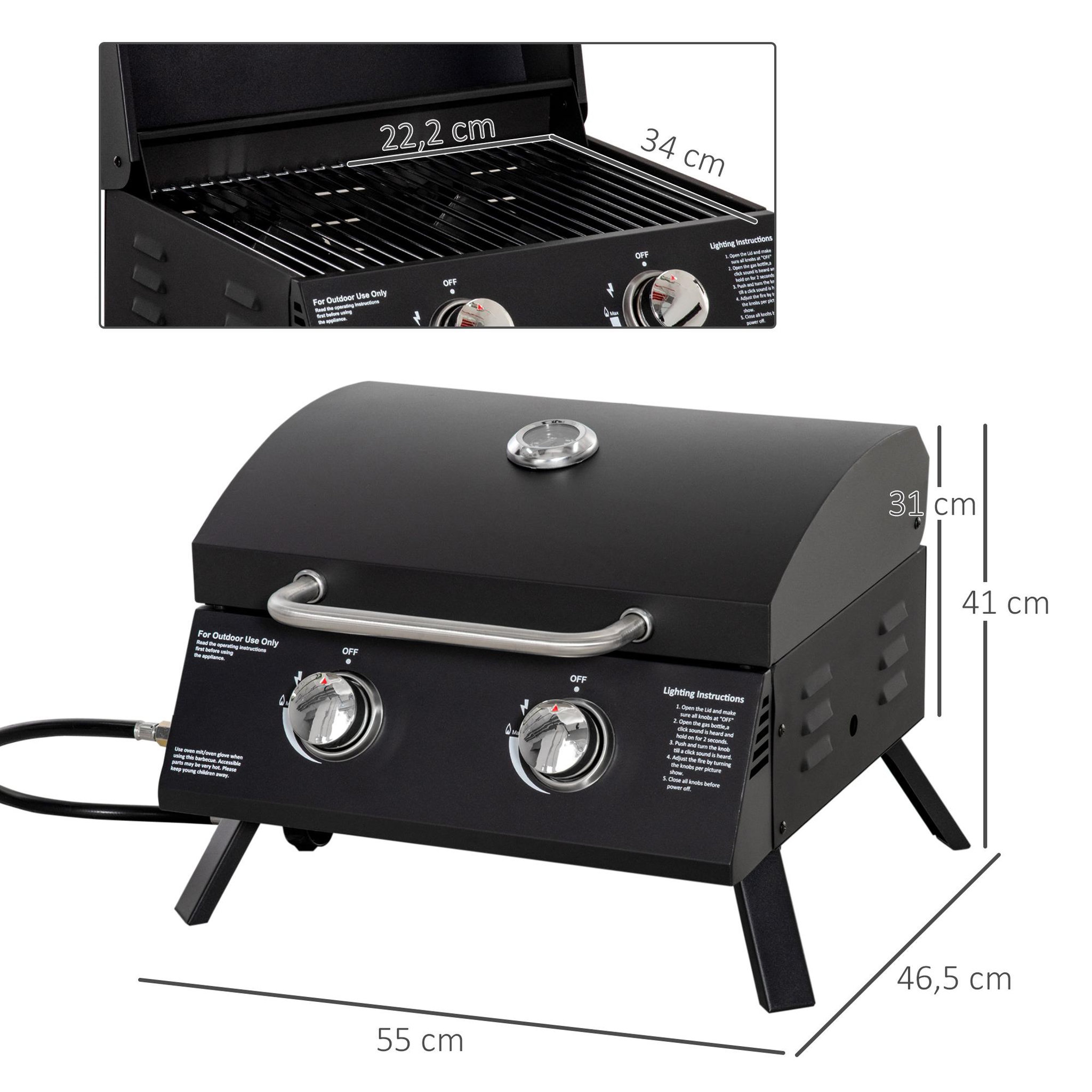 Voir la diapositive 3 : OUTSUNNY Barbecue gaz de table transportable pieds pliables - 2 brûleurs 5 kW - barbecue gaz de camping - grille de cuisson, réceptacle graisse, thermomètre - acier noir