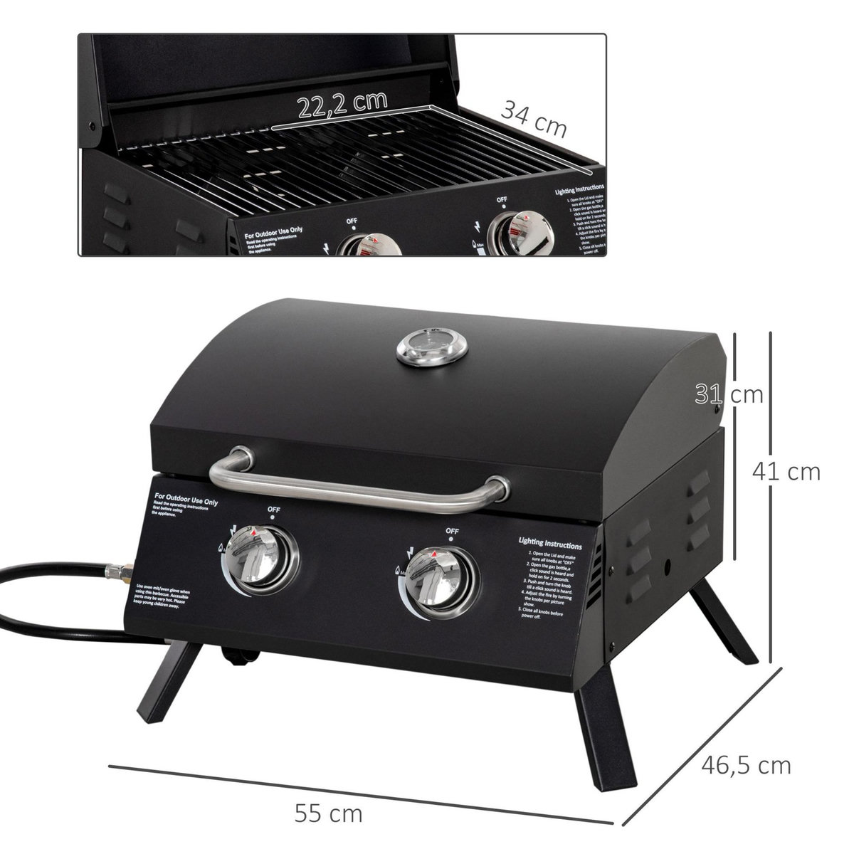 OUTSUNNY Barbecue gaz de table transportable pieds pliables - 2 brûleurs 5 kW - barbecue gaz de camping - grille de cuisson, réceptacle graisse, thermomètre - acier noir