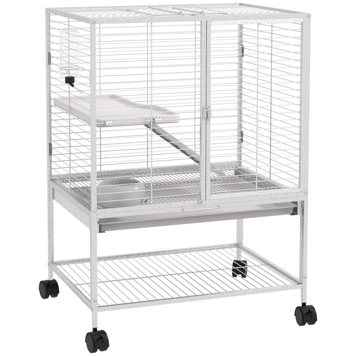 PAWHUT Cage pour rongeurs furet chinchilla plateforme rampe 2 portes biberon gamelle plateau étagère acier gris clair
