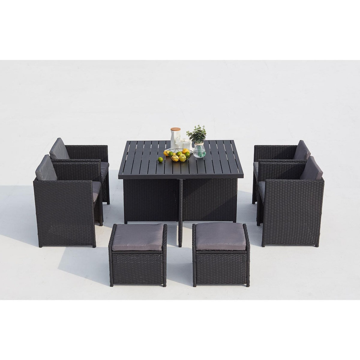 CONCEPT USINE Table et chaises 8 places encastrables alu et résin noir-gris SUNSET