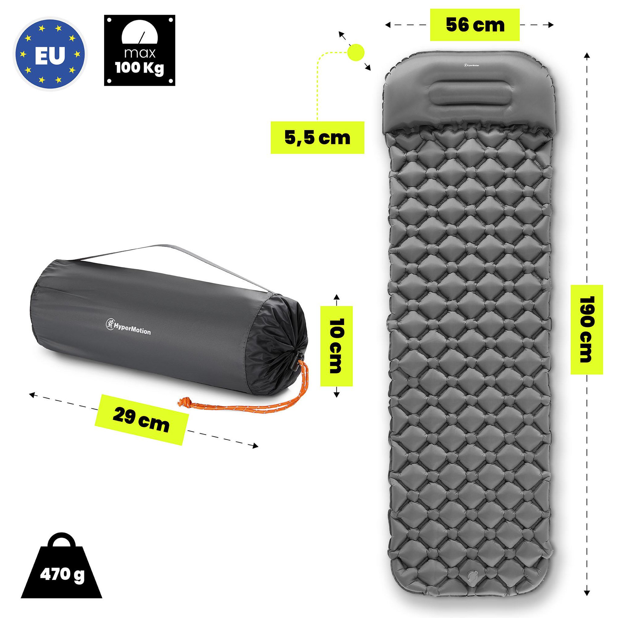 Voir la diapositive 3 : HYPERMOTION Matelas gonflable de camping HyperMotion Campmat 190 x 56 cm avec oreiller intégrés-