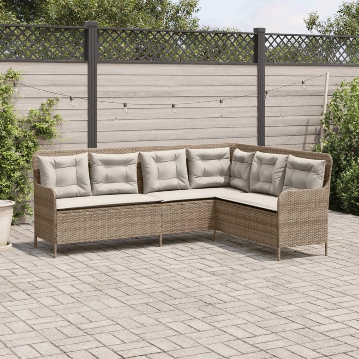 VIDAXL Canape de jardin avec coussins forme de L beige resine tressee