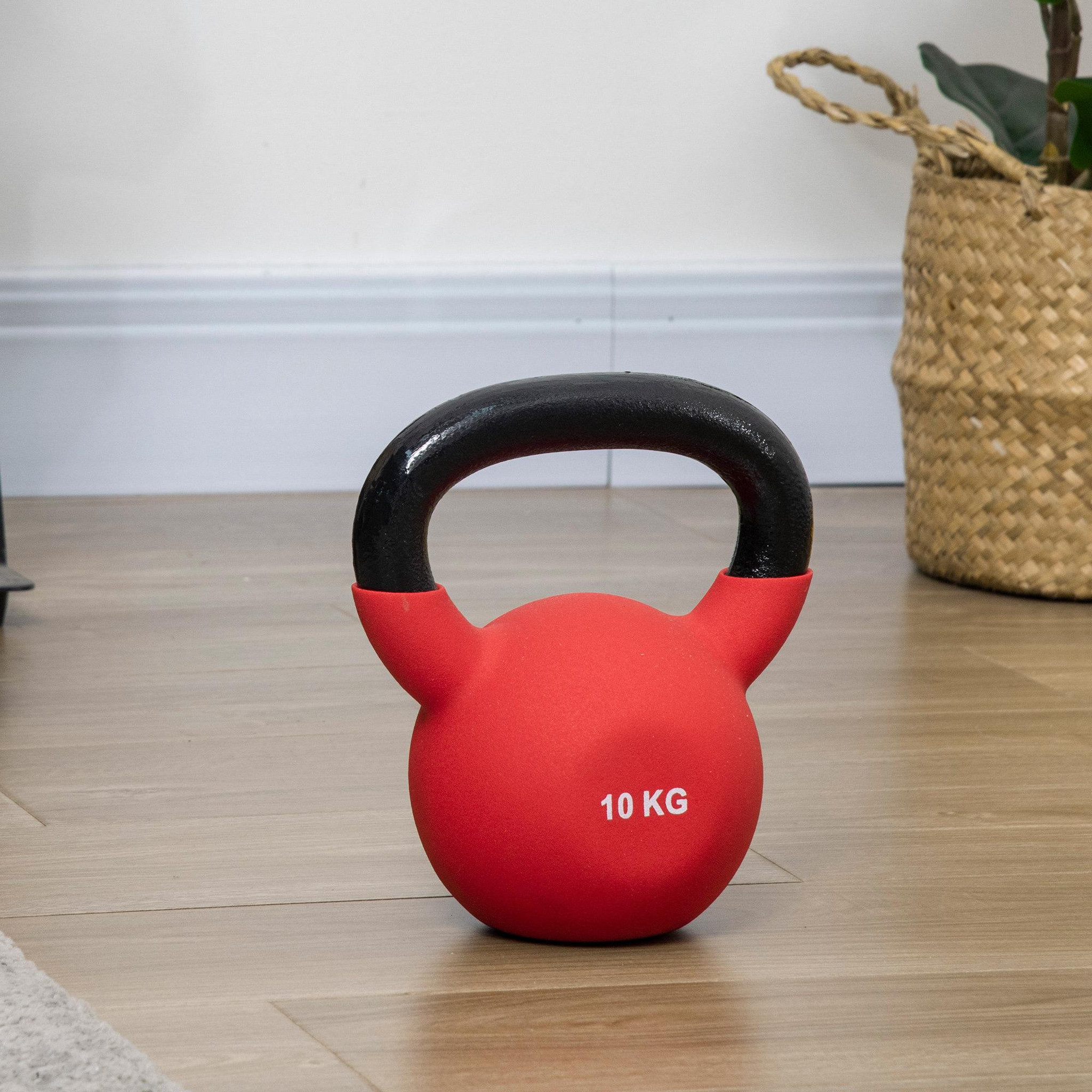 Voir la diapositive 2 : HOMCOM Kettlebell 10 kg en métal large poignée antidérapante fond plat rouge noir
