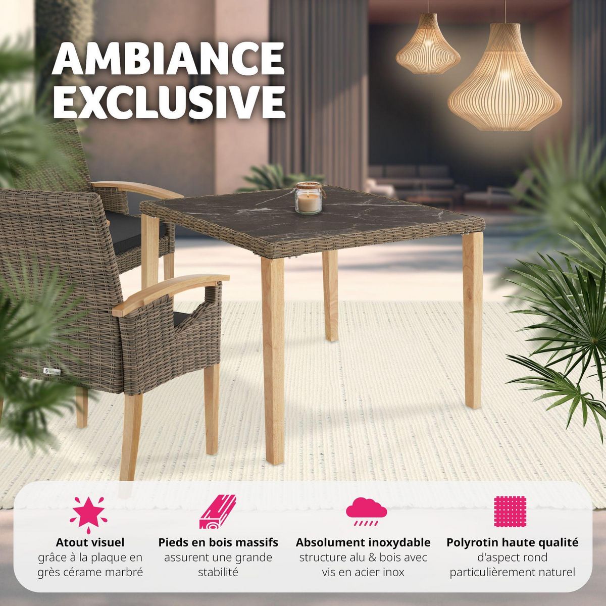 tectake Table en rotin avec cadre en aluminium et bois marron naturel