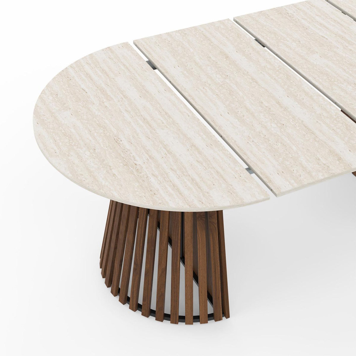 ID MARKET Table à manger extensible ronde CARMEN 4-10 personnes pied noyer en lattes et plateau effet travertin 110-200 cm