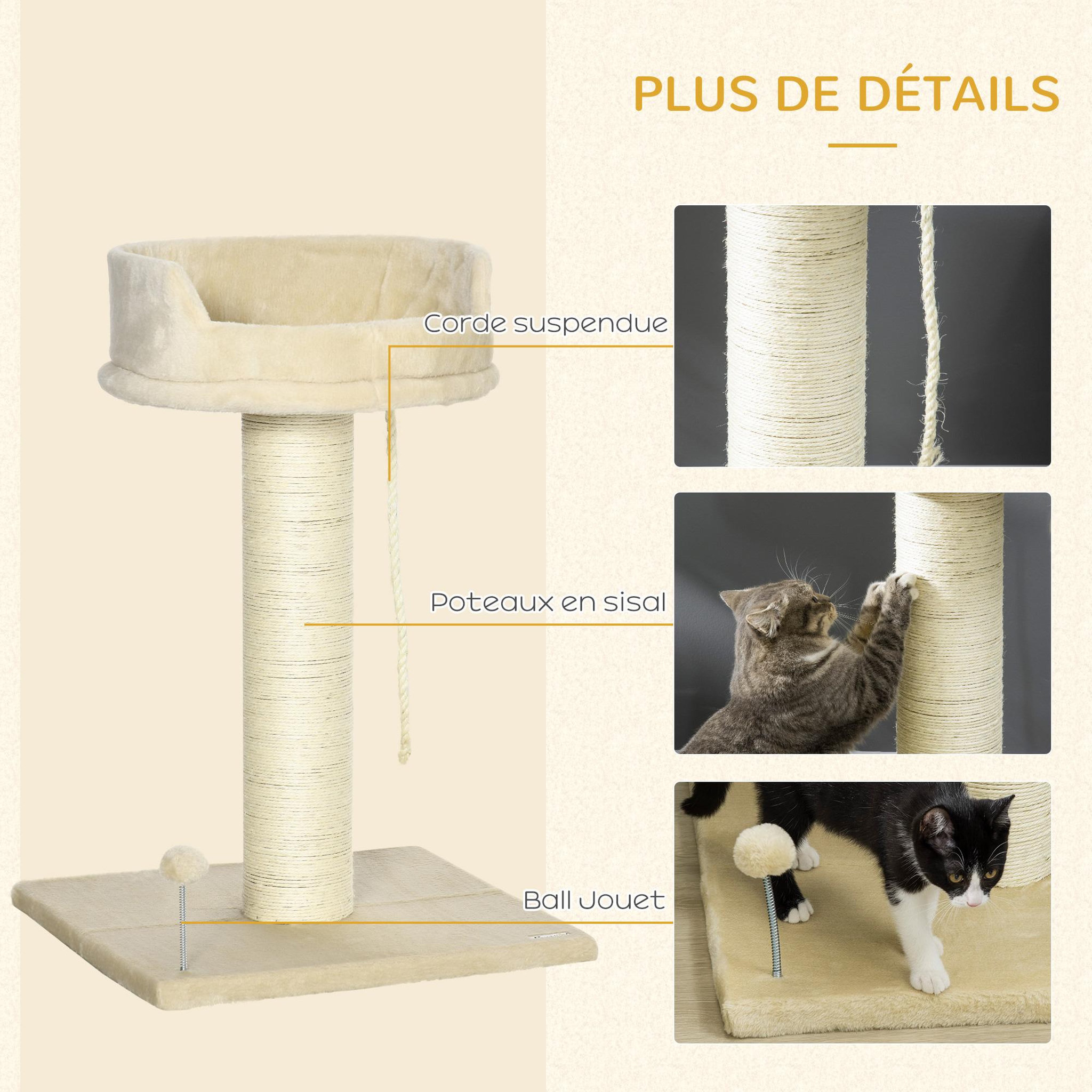Voir la diapositive 5 : PAWHUT Arbre à chat griffoir grattoir sisal naturel plateforme d'observation corde d'escalade boule à ressort peluche beige