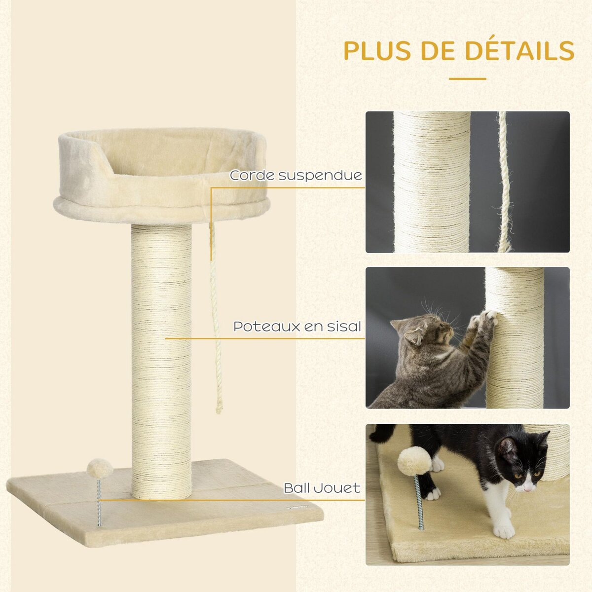 PAWHUT Arbre à chat griffoir grattoir sisal naturel plateforme d'observation corde d'escalade boule à ressort peluche beige