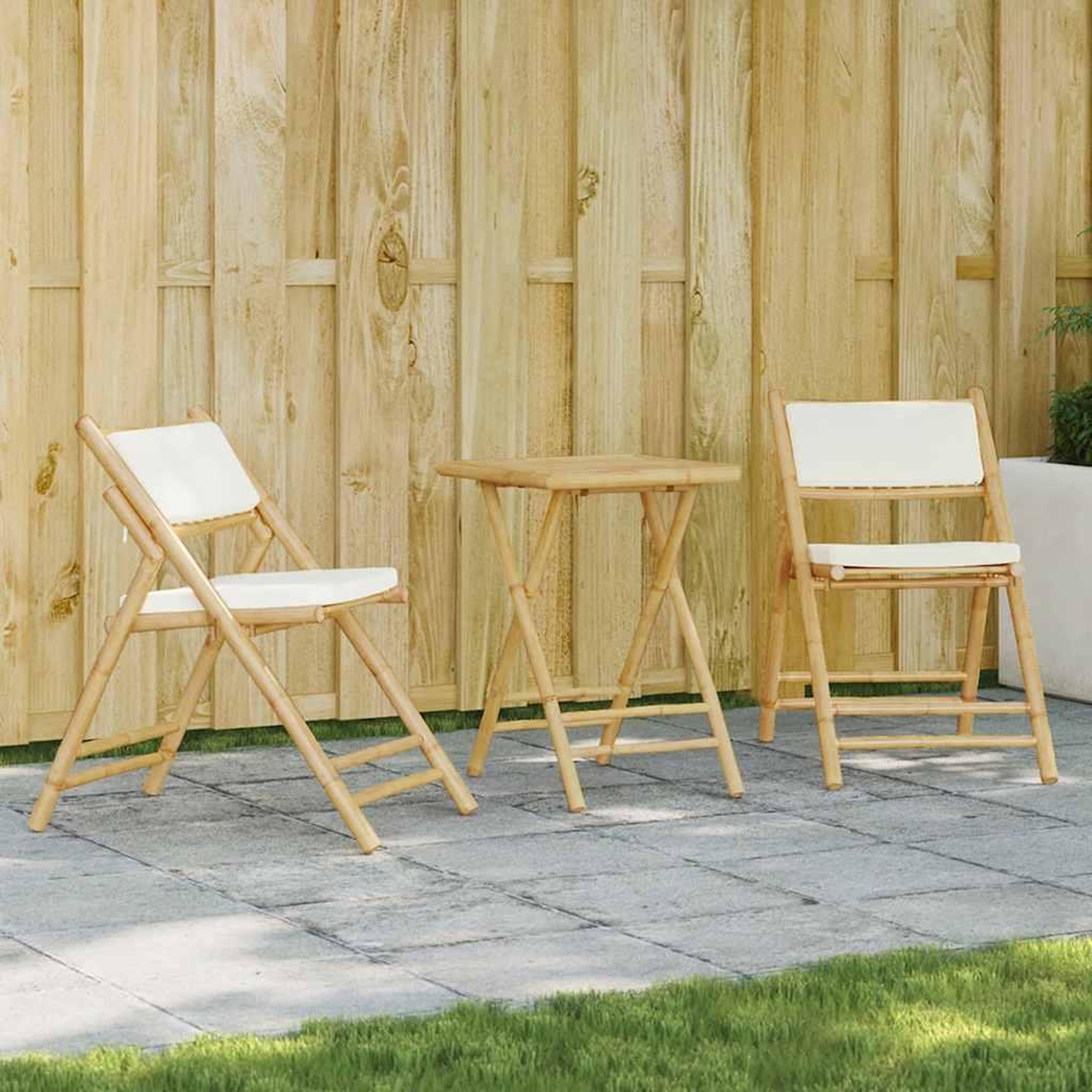 VIDAXL Ensemble de bistro pliante 3 pcs et coussins blanc creme bambou