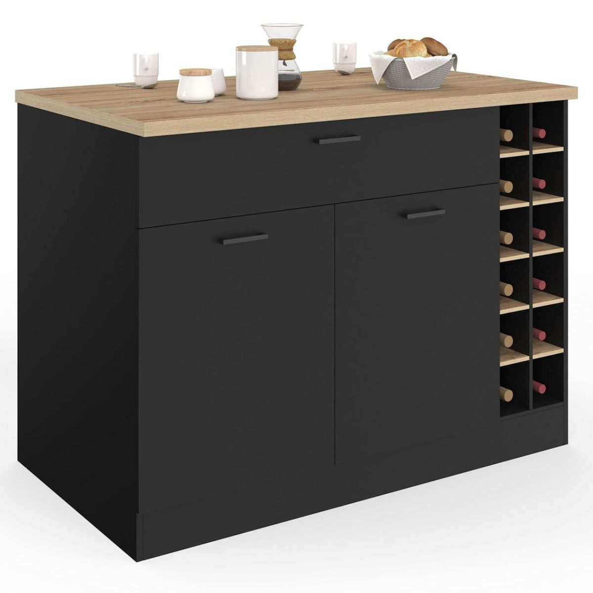 ID MARKET Ilot central GEORGE avec range-bouteilles placard et tiroir bois noir avec plan de travail façon hêtre