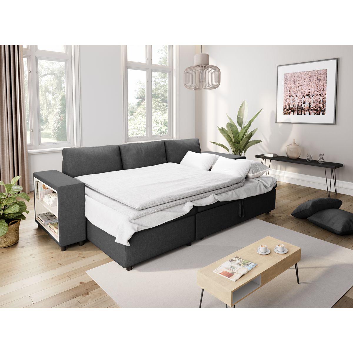 Canapé d'angle convertible avec coffre 3 places + 2 poufs à droite et étagère à gauche MACHA