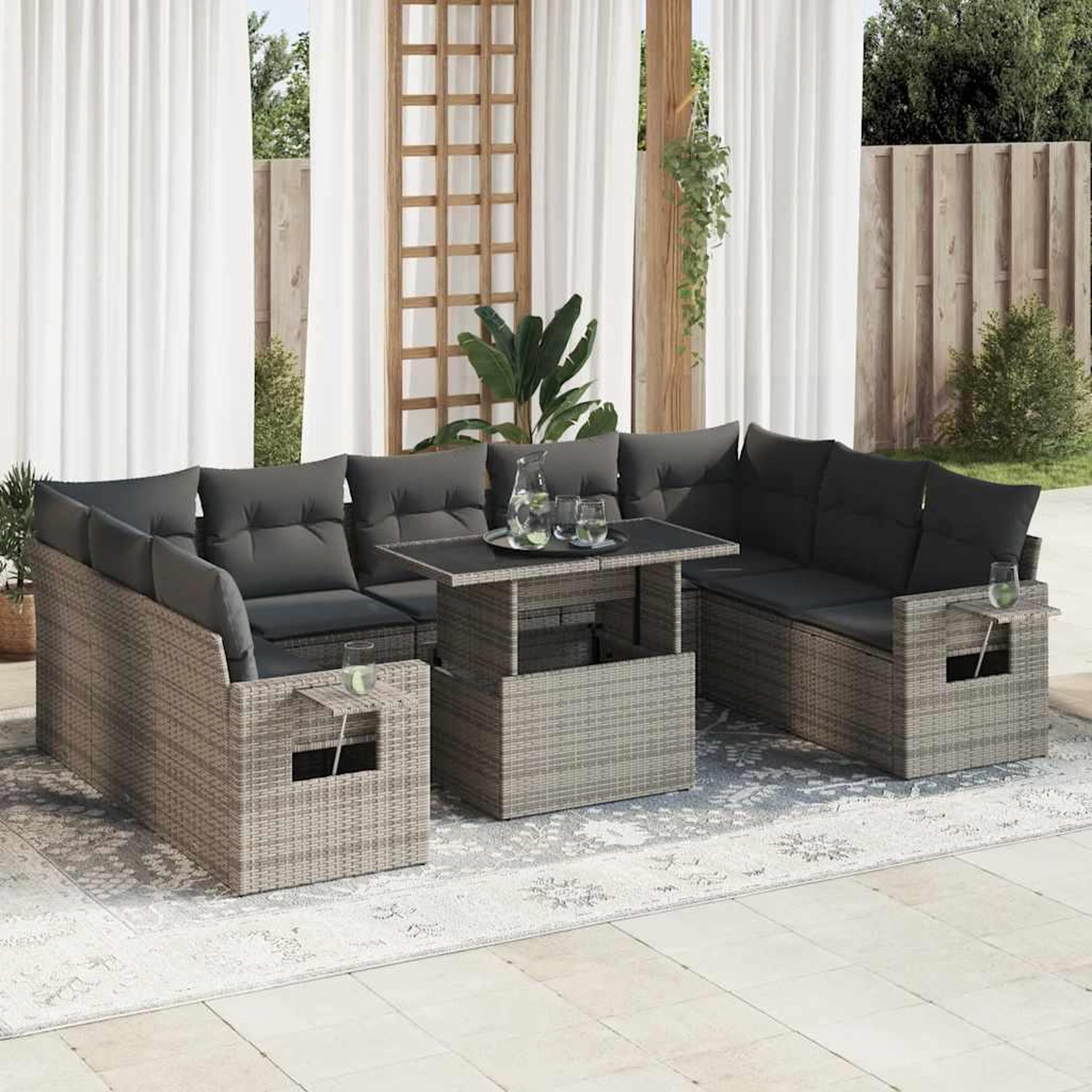 VIDAXL Salon de jardin avec coussins 10 pcs gris resine tressee