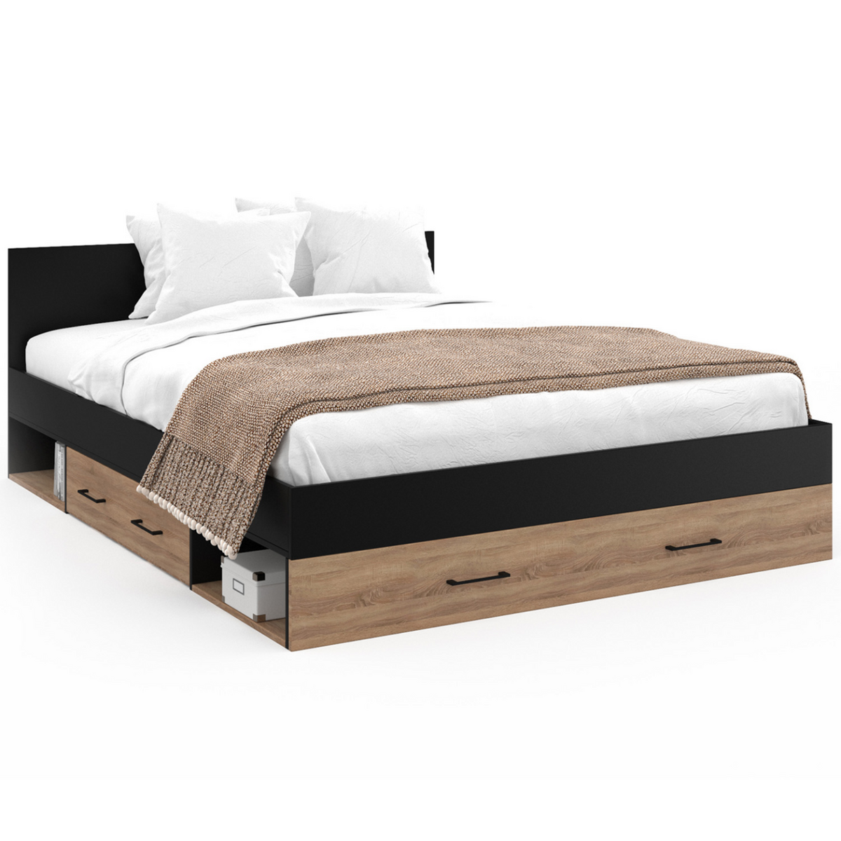 ID MARKET Lit double MINEA avec tiroirs + niches de rangement + tête de lit et sommier 140 x 190 cm façon hêtre et noir