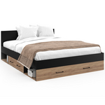 ID MARKET Lit double MINEA avec tiroirs + niches de rangement + tête de lit et sommier 140 x 190 cm façon hêtre et noir