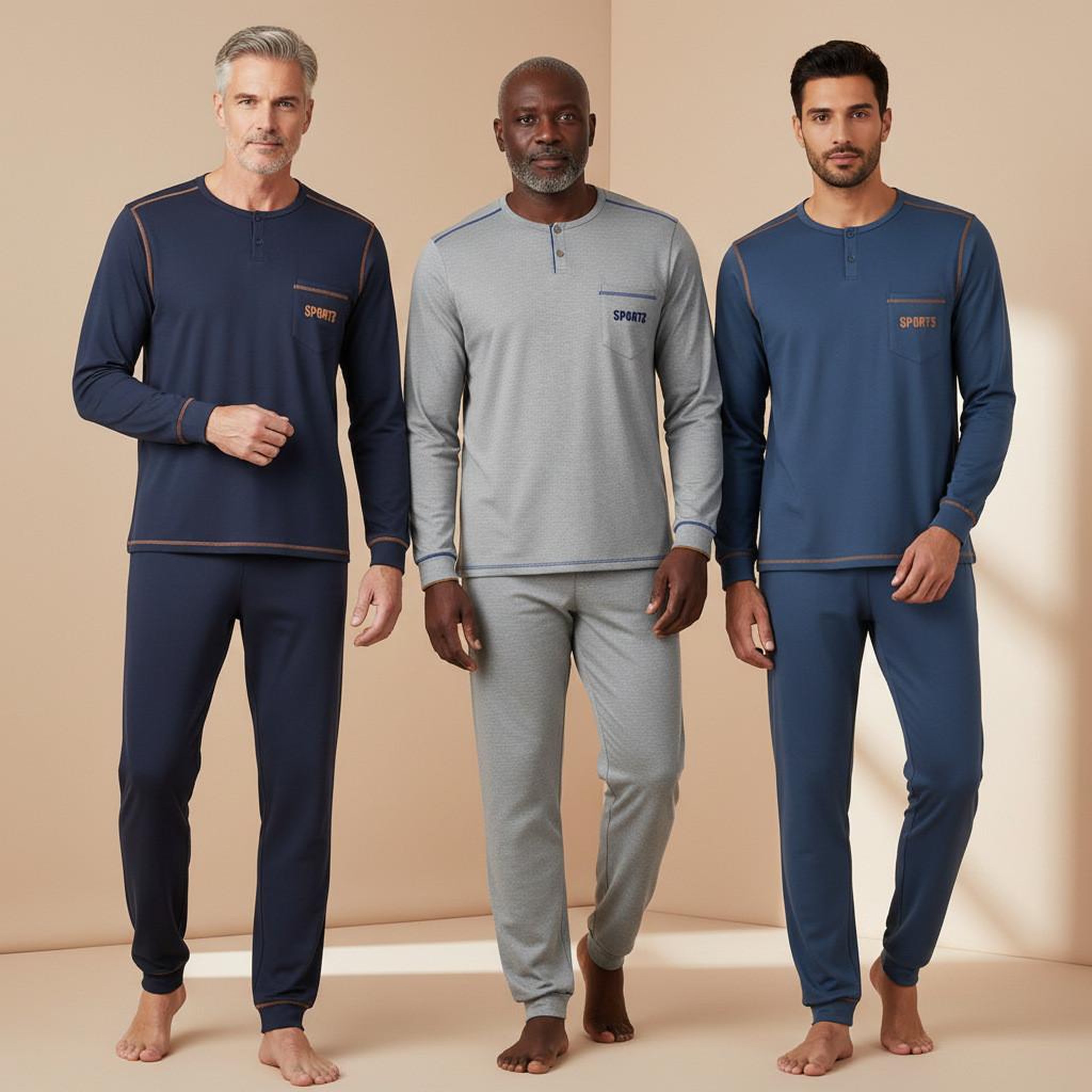 Voir la diapositive 2 : OZABI OZABI Pyjama Homme Long Pack de 3, Coton Doublé Polaire, Col Boutonné
