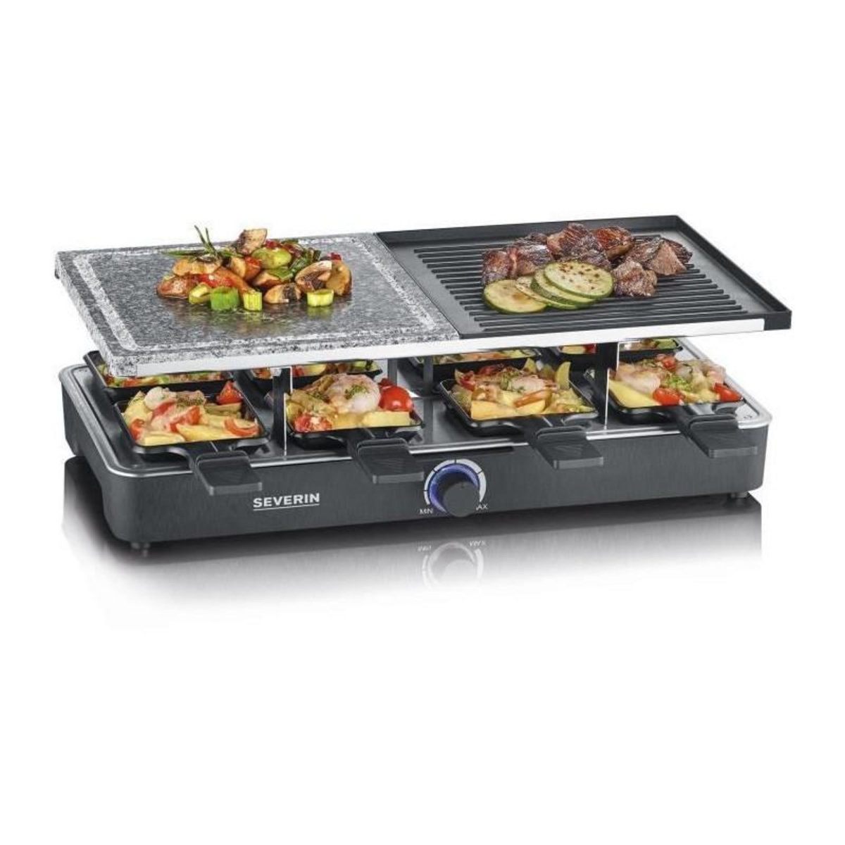 SEVERIN Raclette Gril SEVERIN - RG2376 - 8 personnes - Pierre de Cuisson Naturelle et Plaque Réversible Antiadhésive - Thermostat rég